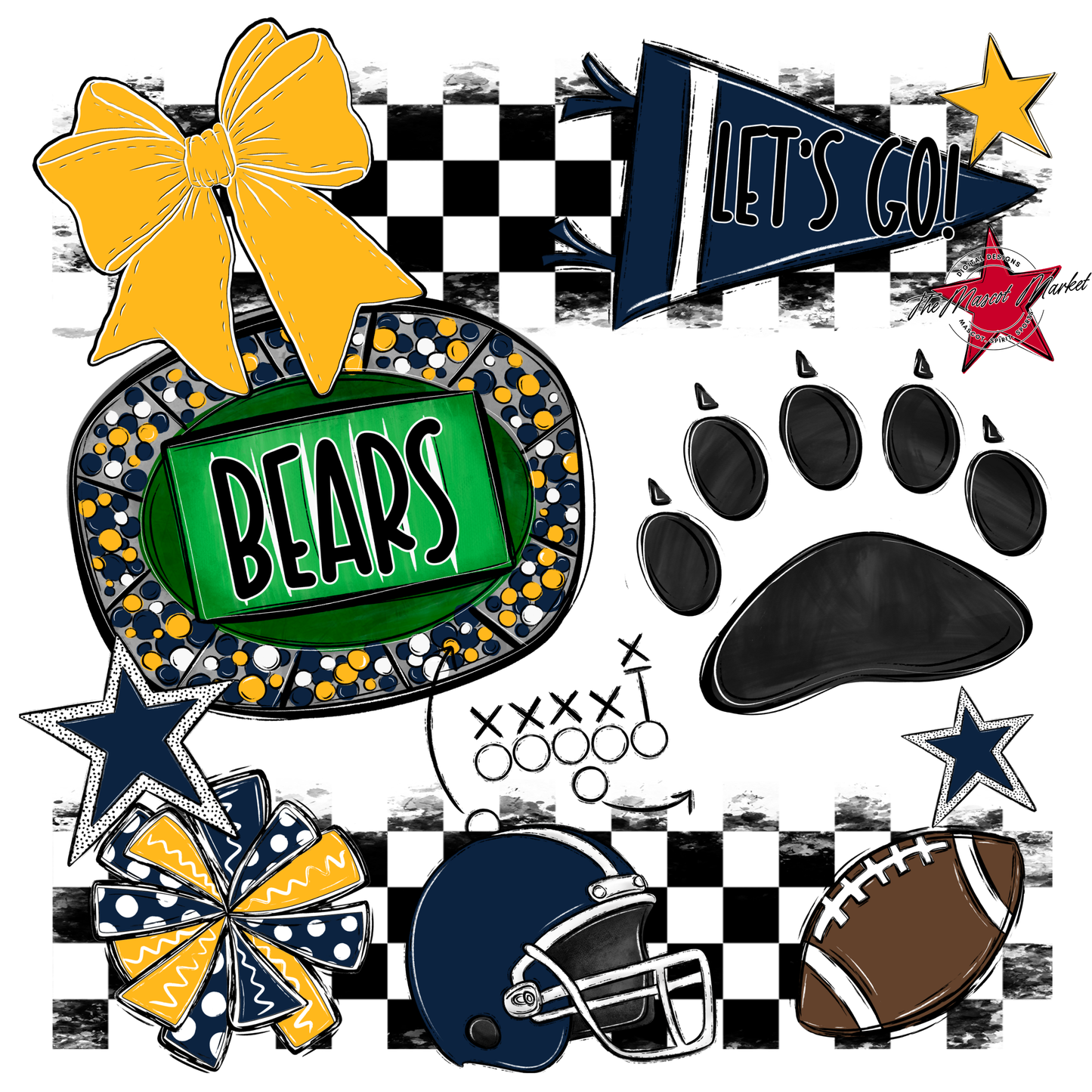 Bears Checker Spirit Design w Paw-Navy-Yellow