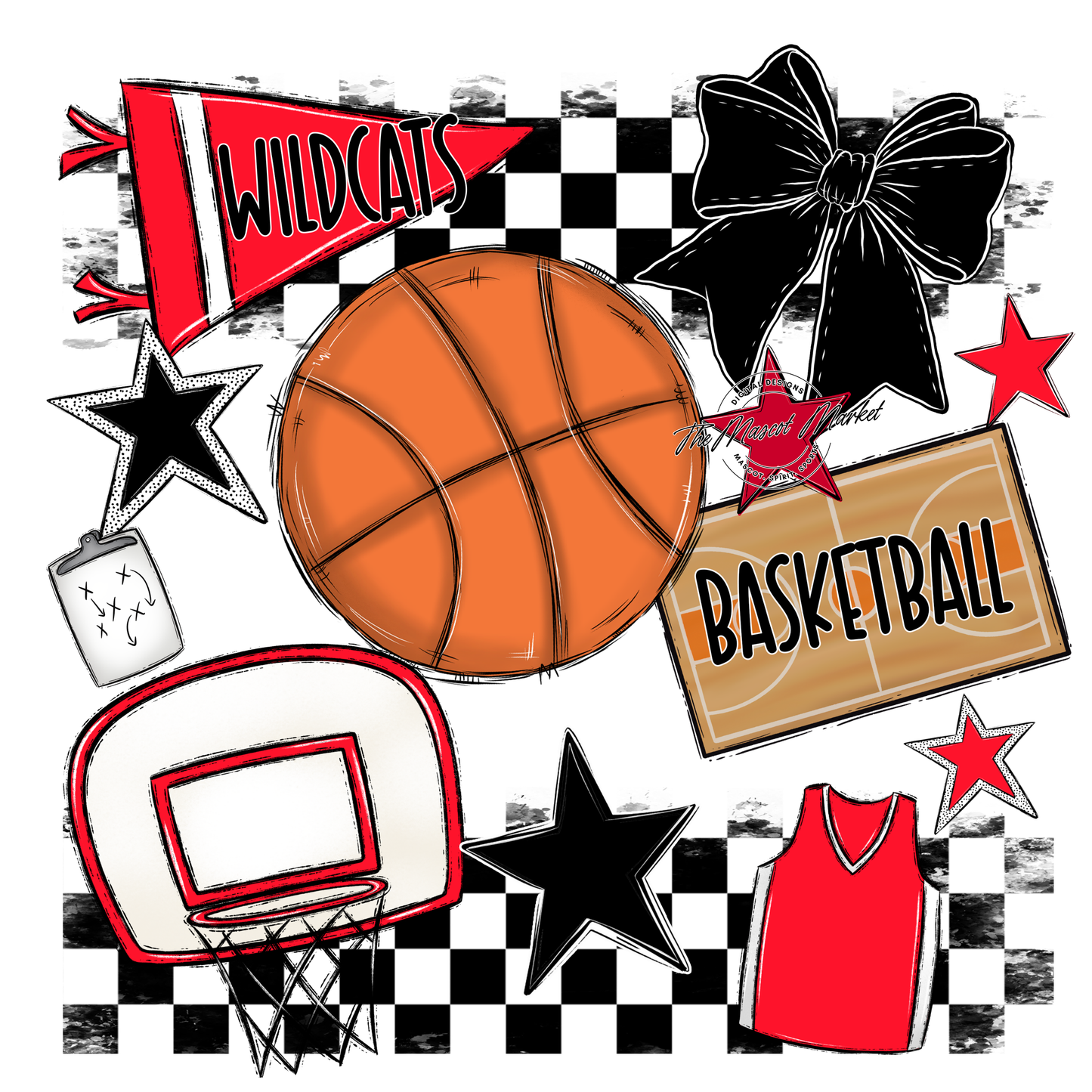 Wildcats Checkers Basketball Spirit Design-Bright Red