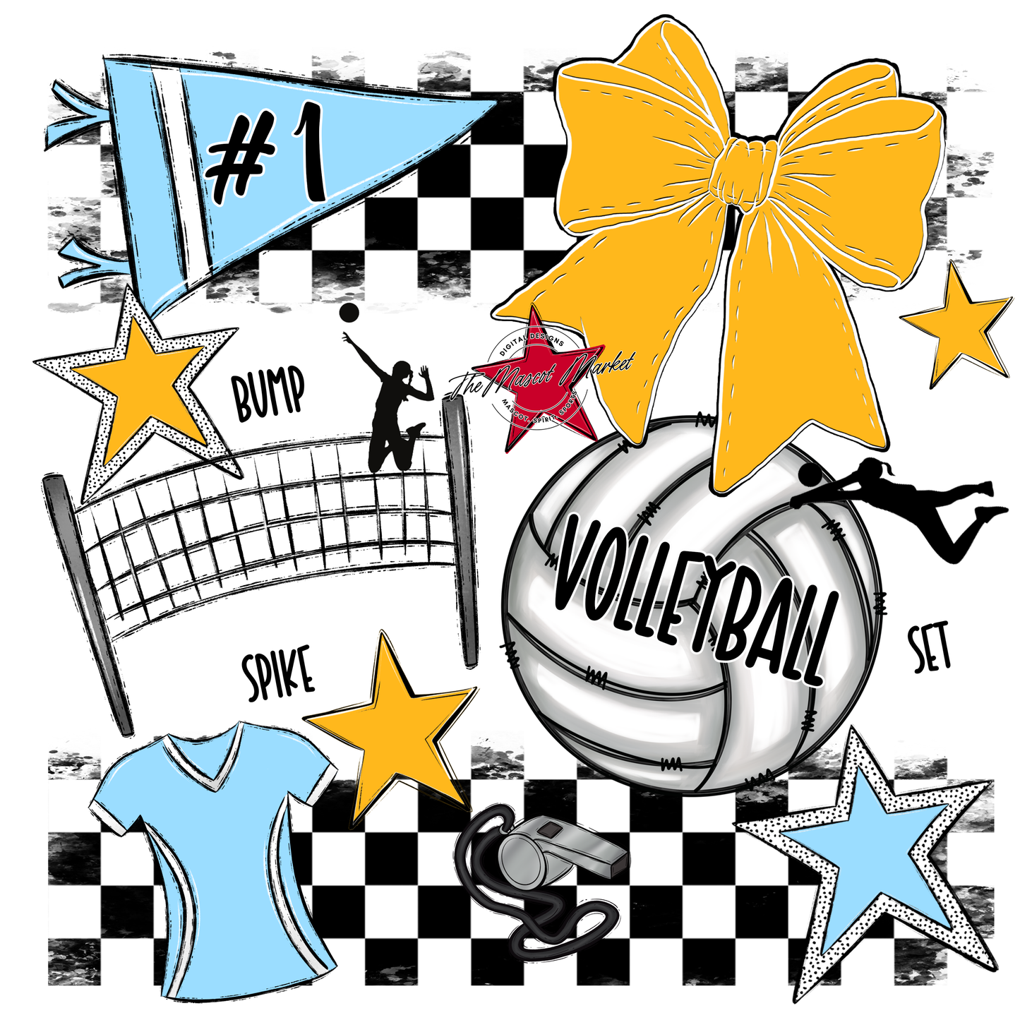 Volleyball Checkers Spirit Design-Columbia Blue-Yellow