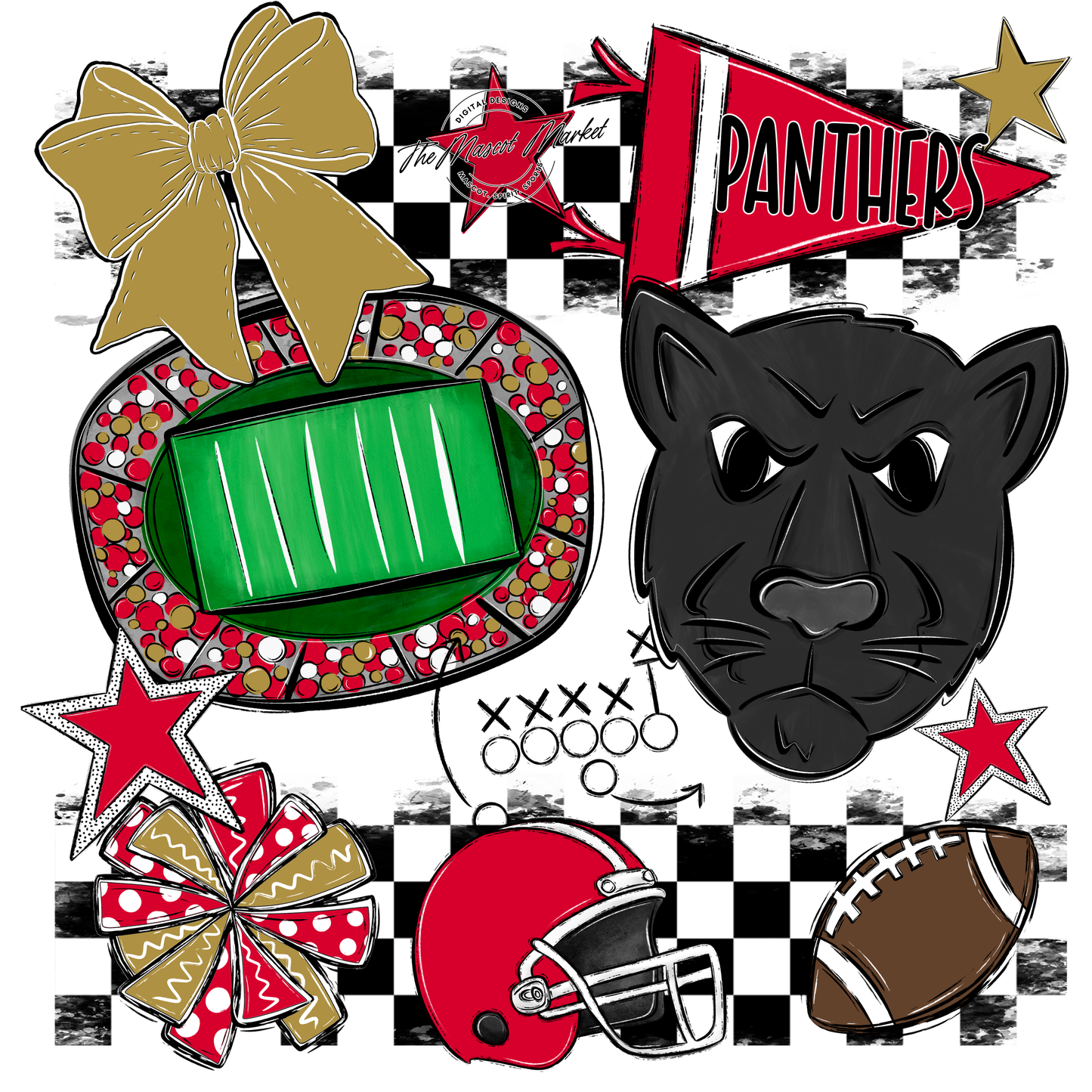 Panthers Checkers Mascot Spirit Design-Red-Gold