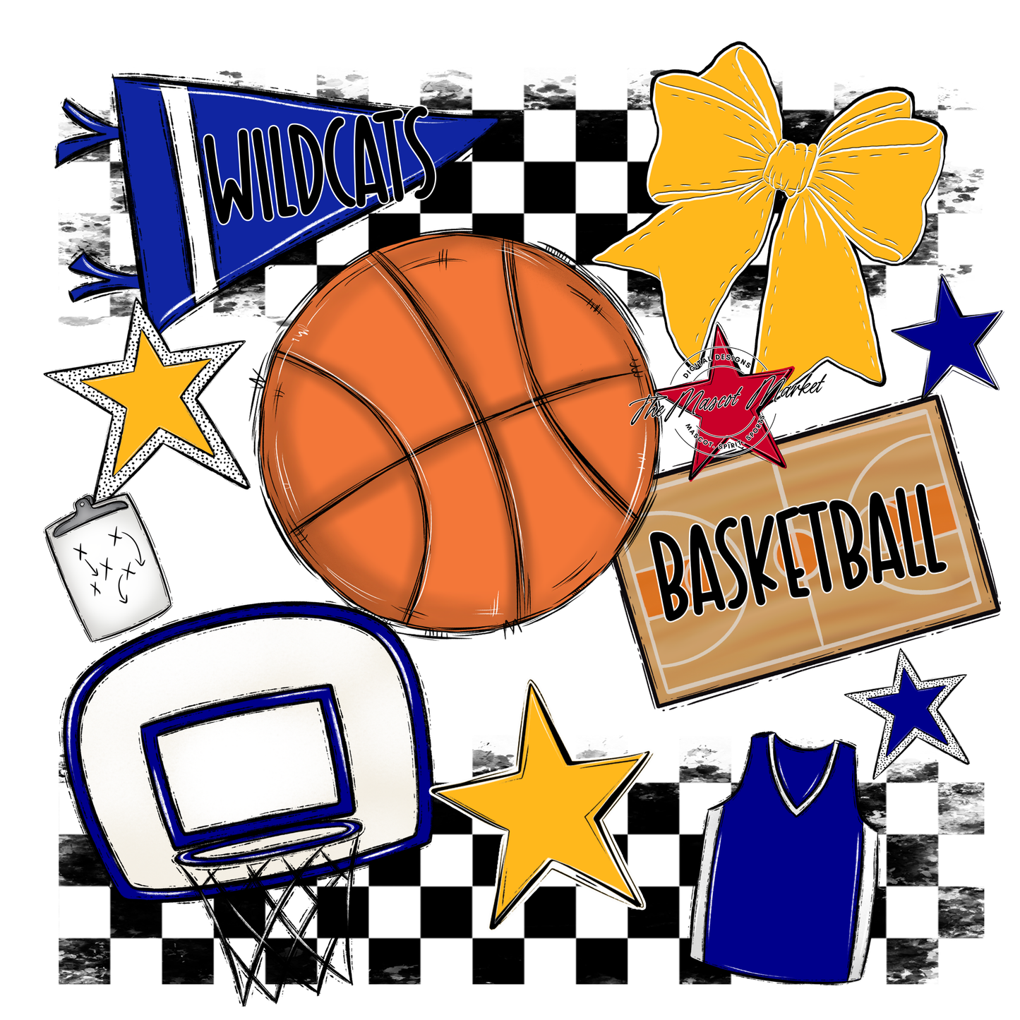 Wildcats Checkers Basketball Spirit Design-Blue-Yellow