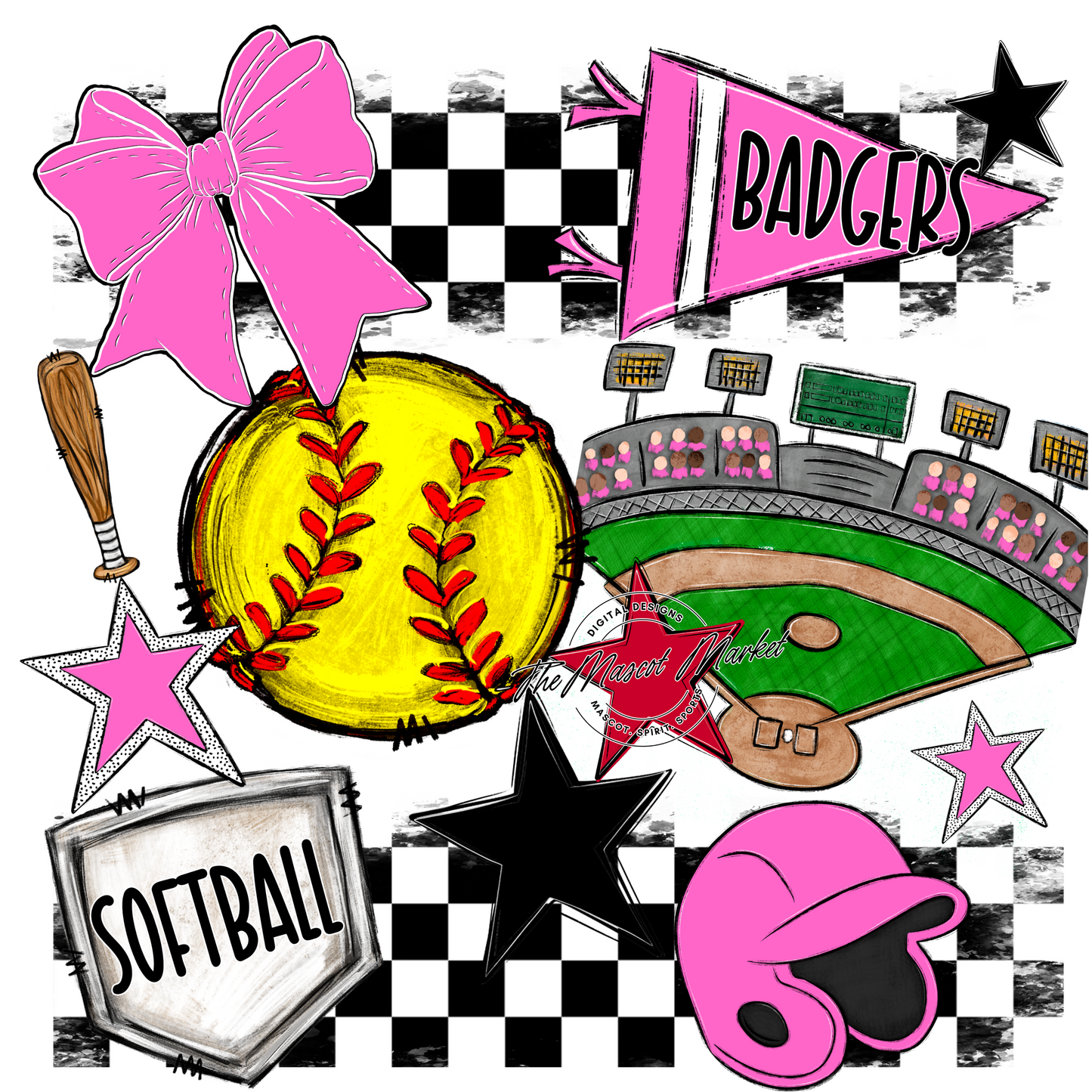 Badgers Softball Checkers Design-Baby Pink
