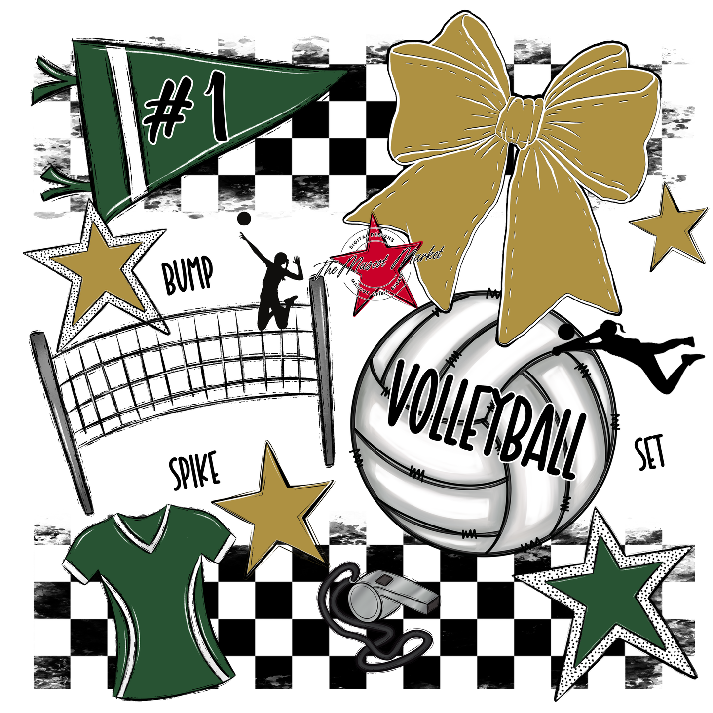 Volleyball Checkers Spirit Design-Green-Gold