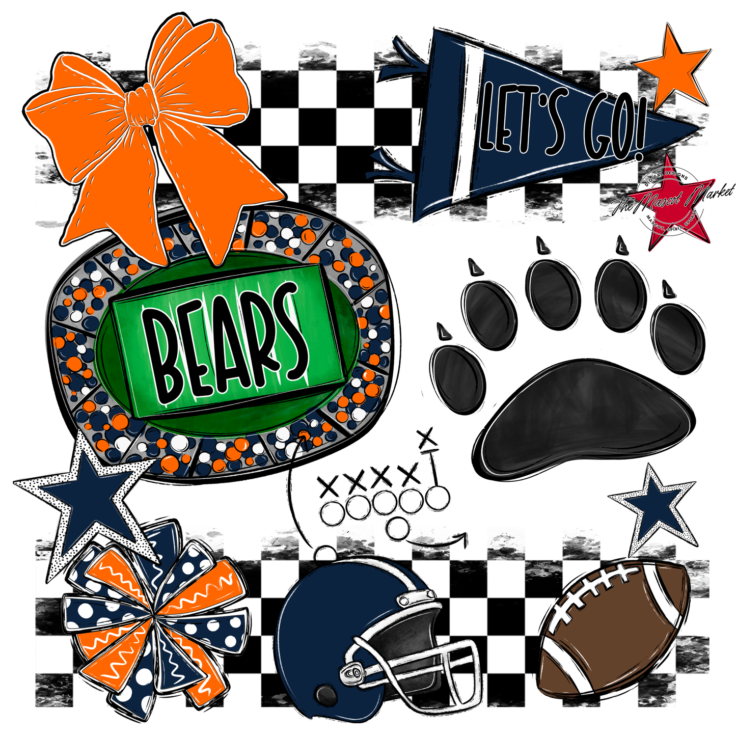 Bears Checker Spirit Design w Paw-Navy-Orange