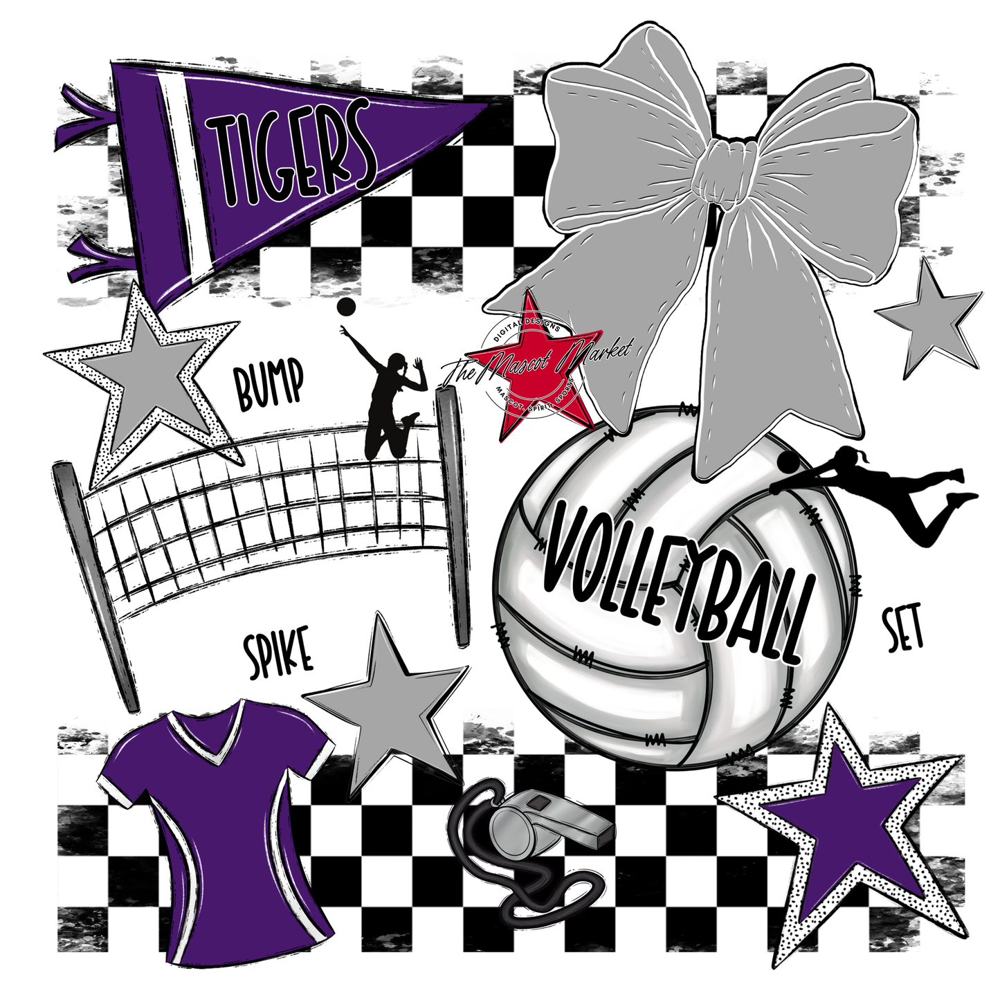 Tigers Checkers Volleyball Spirit Design-Purple-Grey