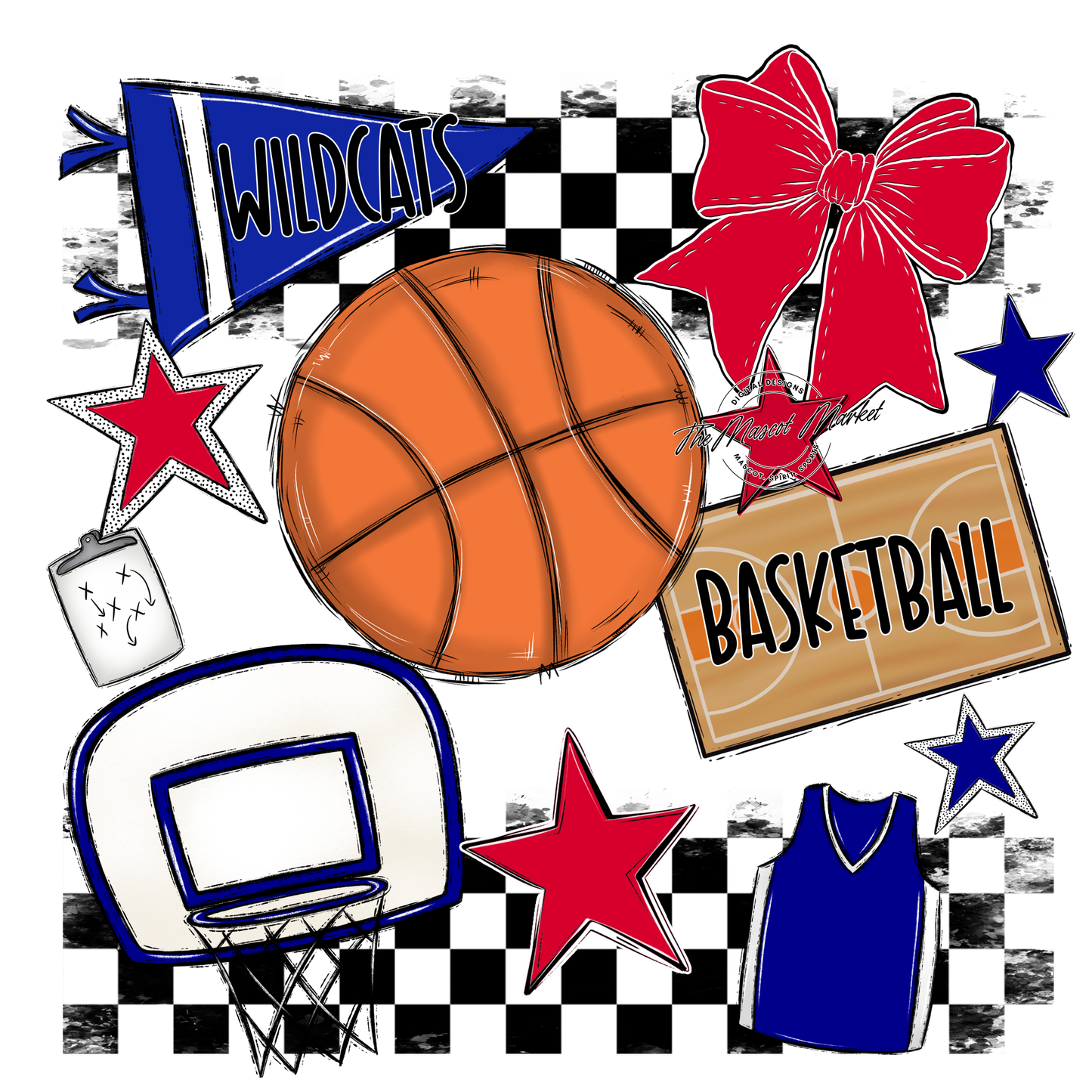 Wildcats Checkers Basketball Spirit Design-Blue-Red