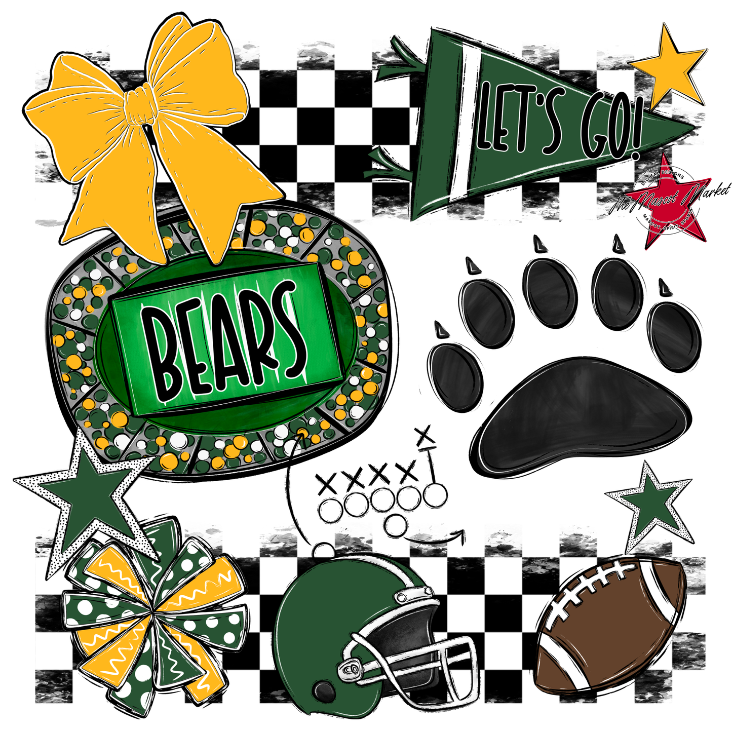 Bears Checker Spirit Design w Paw-Green-Yellow
