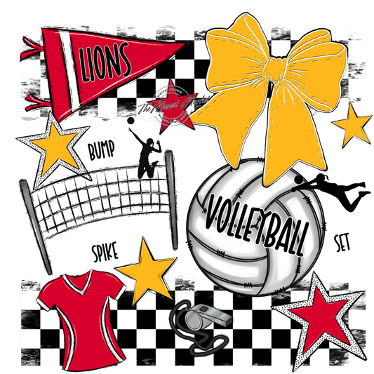 Lions Checkers Volleyball Spirit Design-Red-Yellow