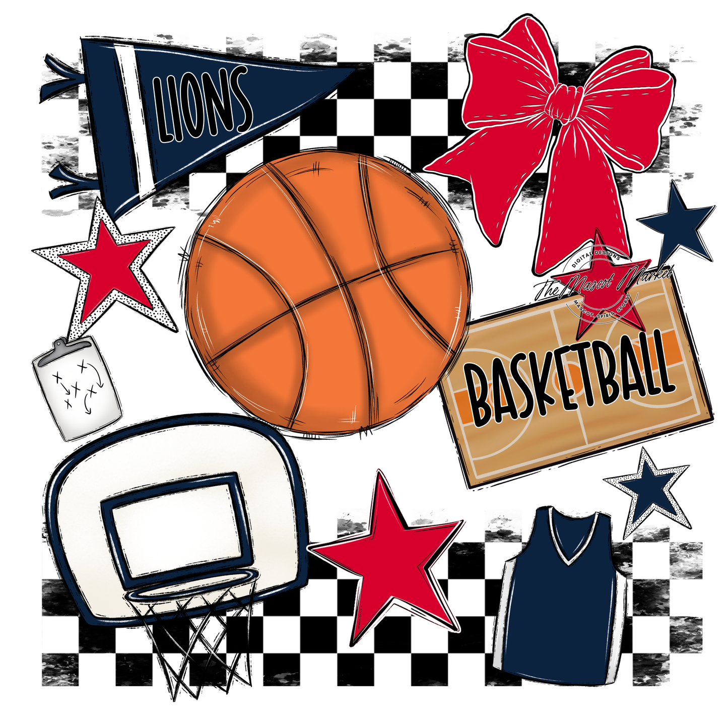 Lions Checkers Basketball Spirit Design-Navy-Red