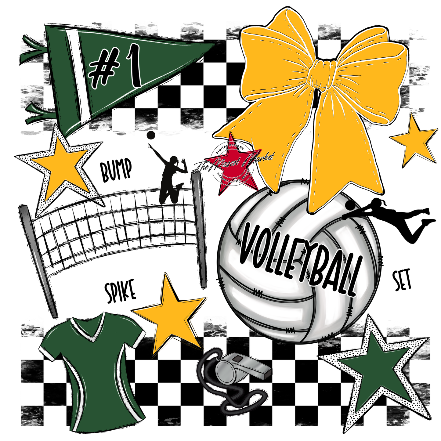Volleyball Checkers Spirit Design-Green-Yellow