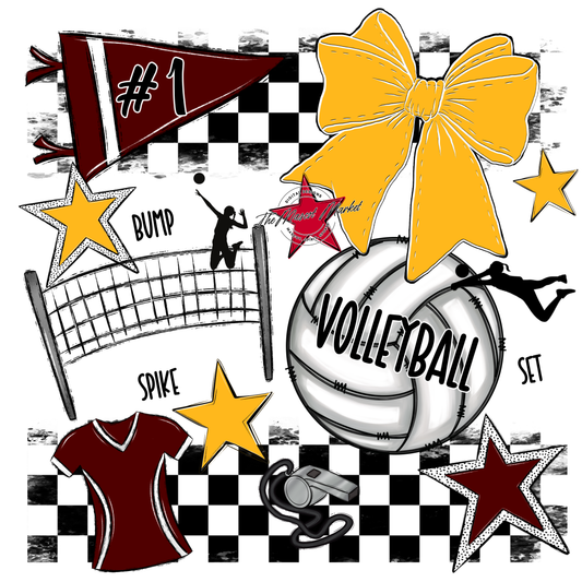 Volleyball Checkers Spirit Design-Maroon-Yellow