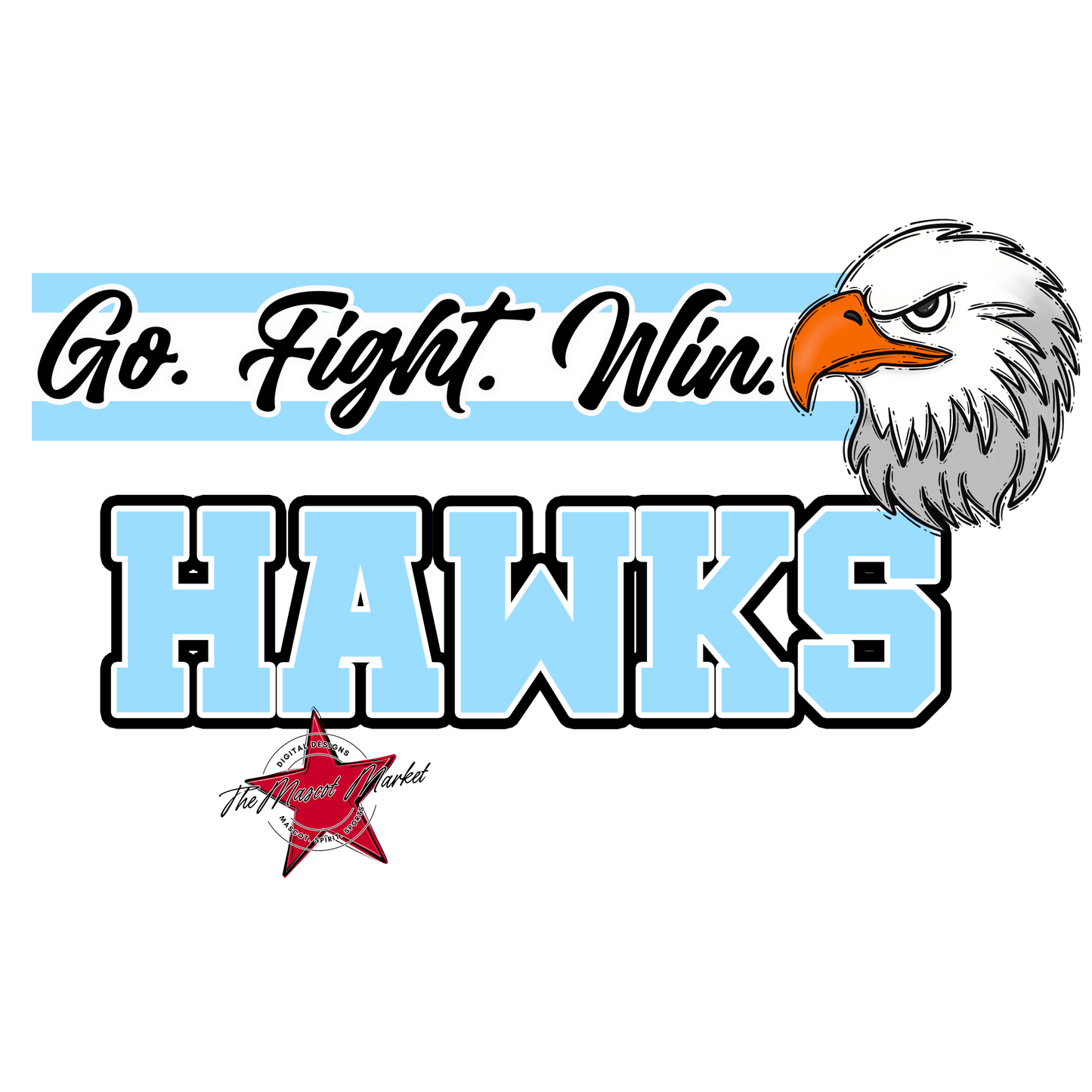 Hawks Go Fight Win Mascot Lines-Columbia Blue