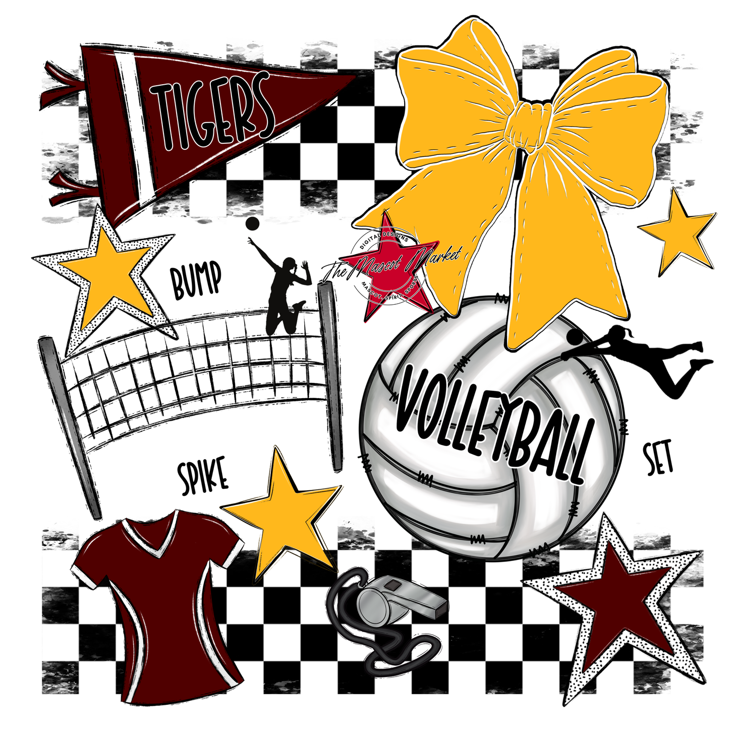 Tigers Checkers Volleyball Spirit Design-Maroon-Yellow