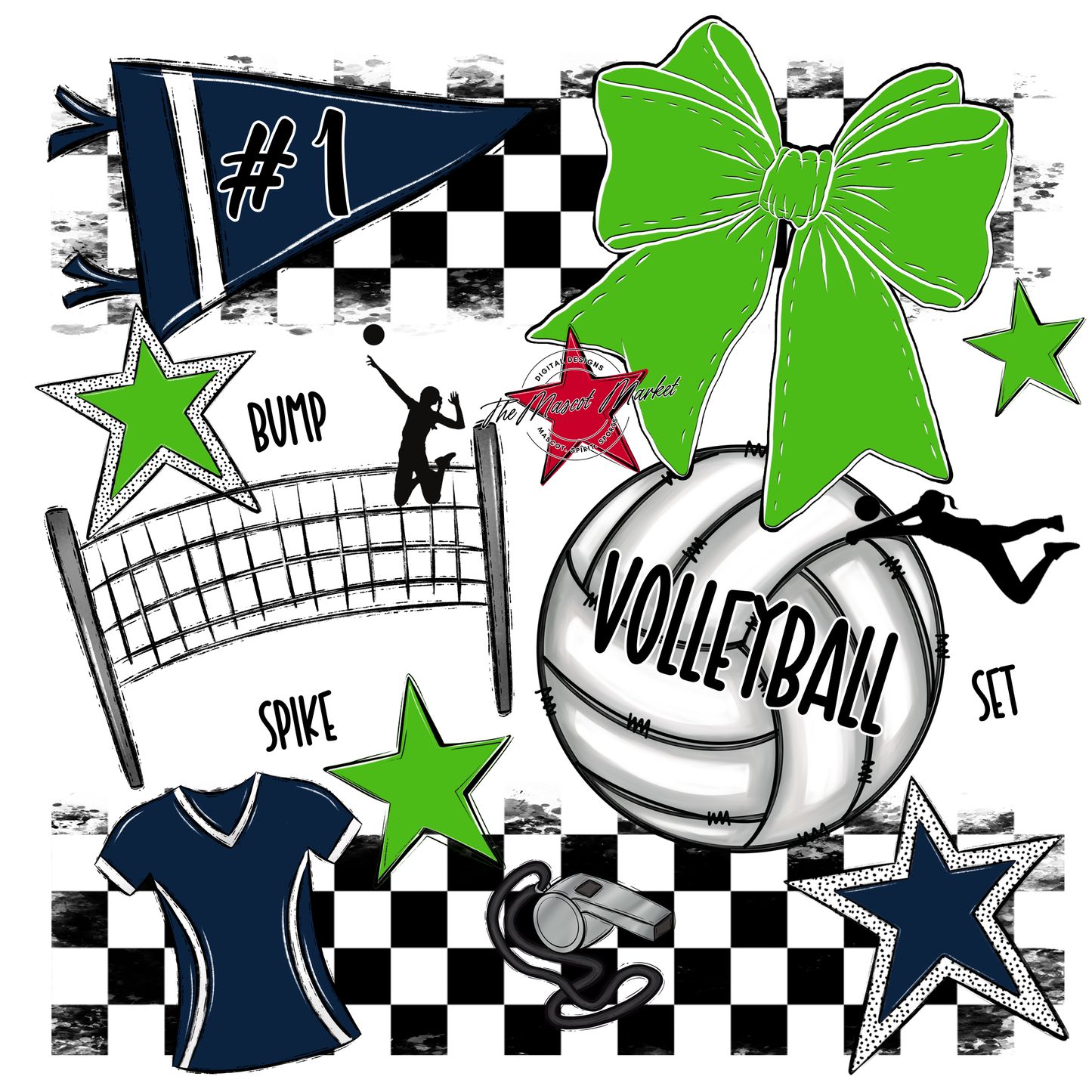 Volleyball Checkers Spirit Design-Navy-Bright Green