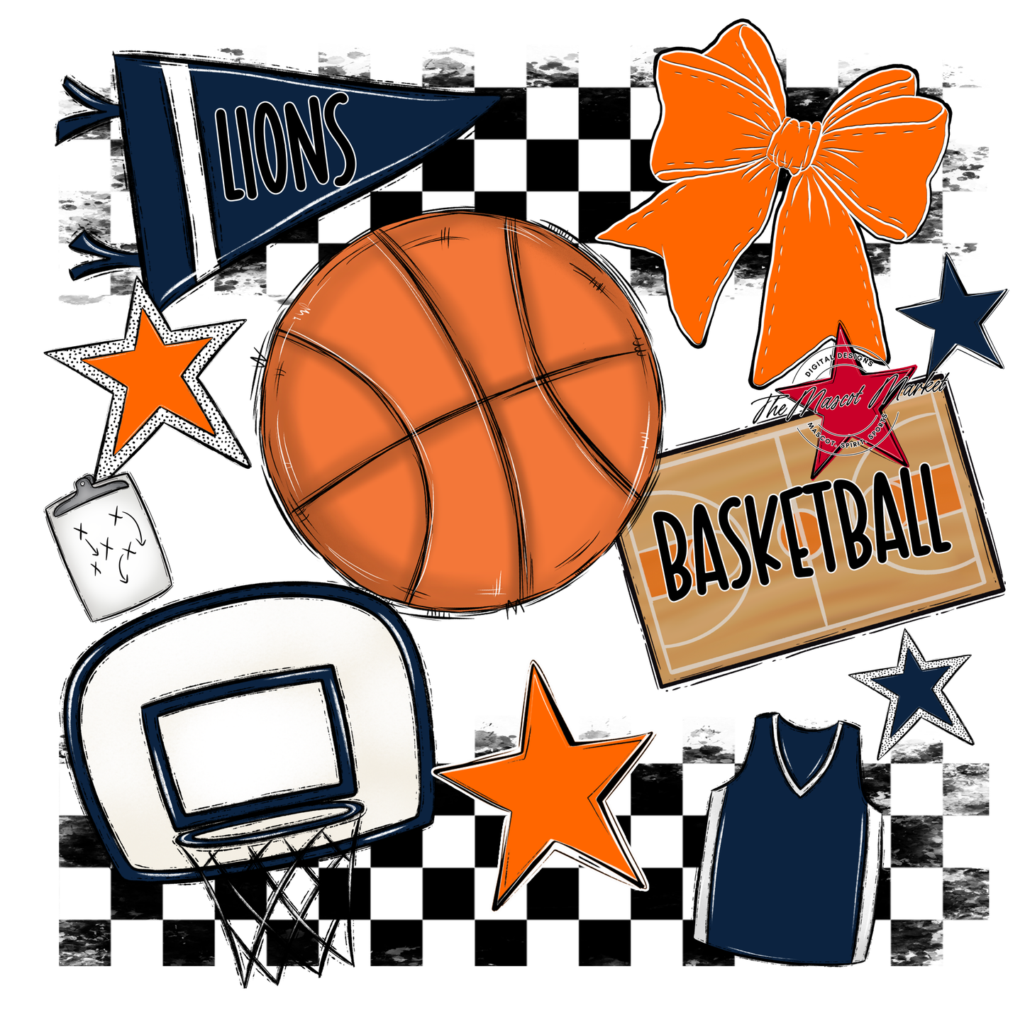 Lions Checkers Basketball Spirit Design-Navy-Orange