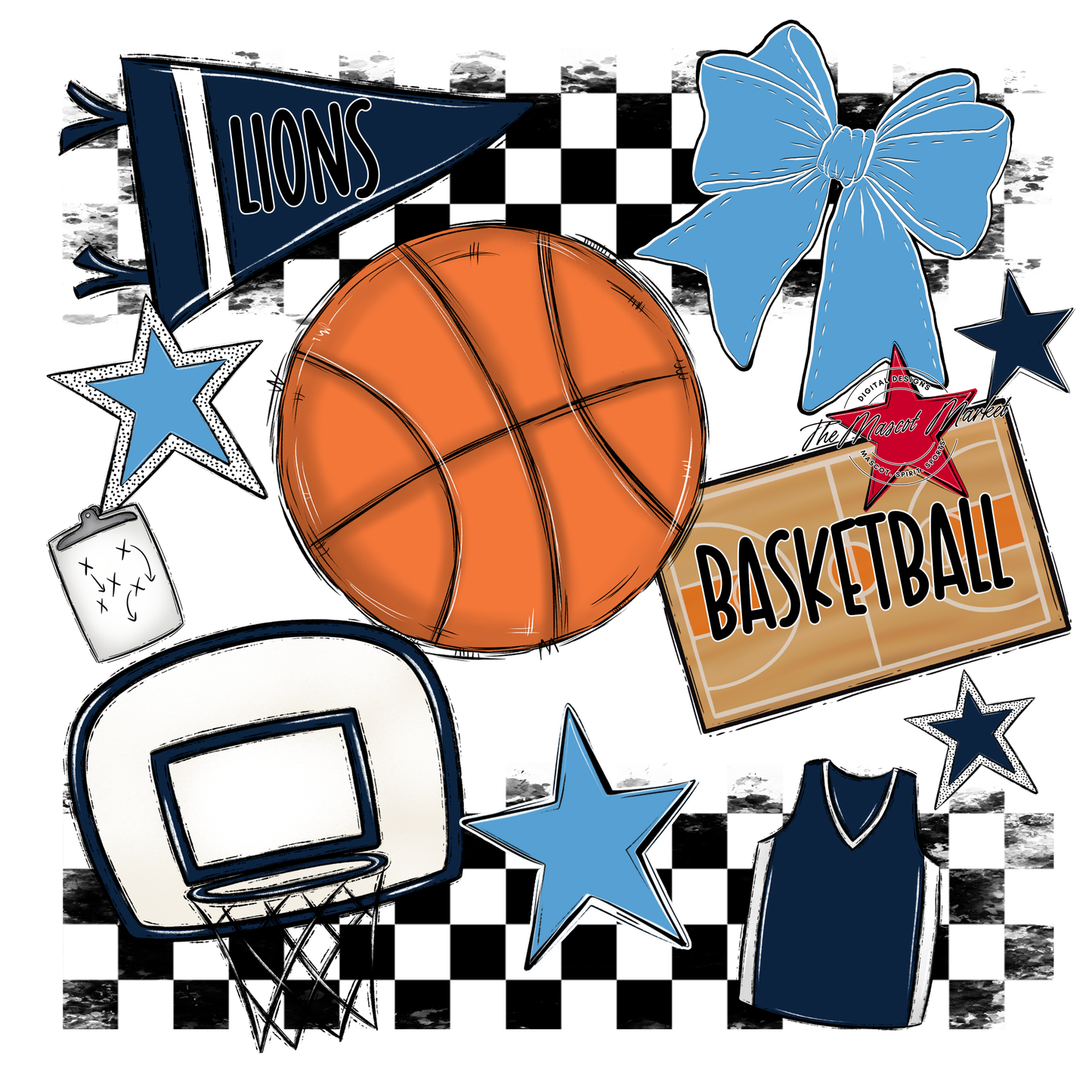 Lions Checkers Basketball Spirit Design-Navy-Carolina Blue