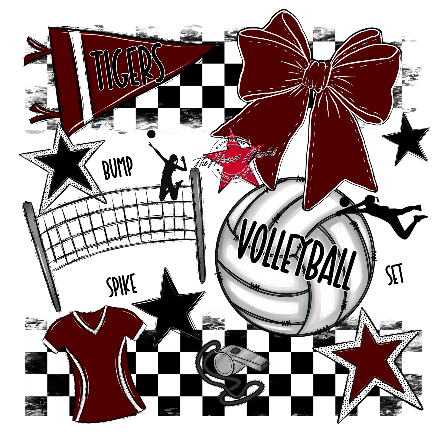 Tigers Checkers Volleyball Spirit Design-Maroon