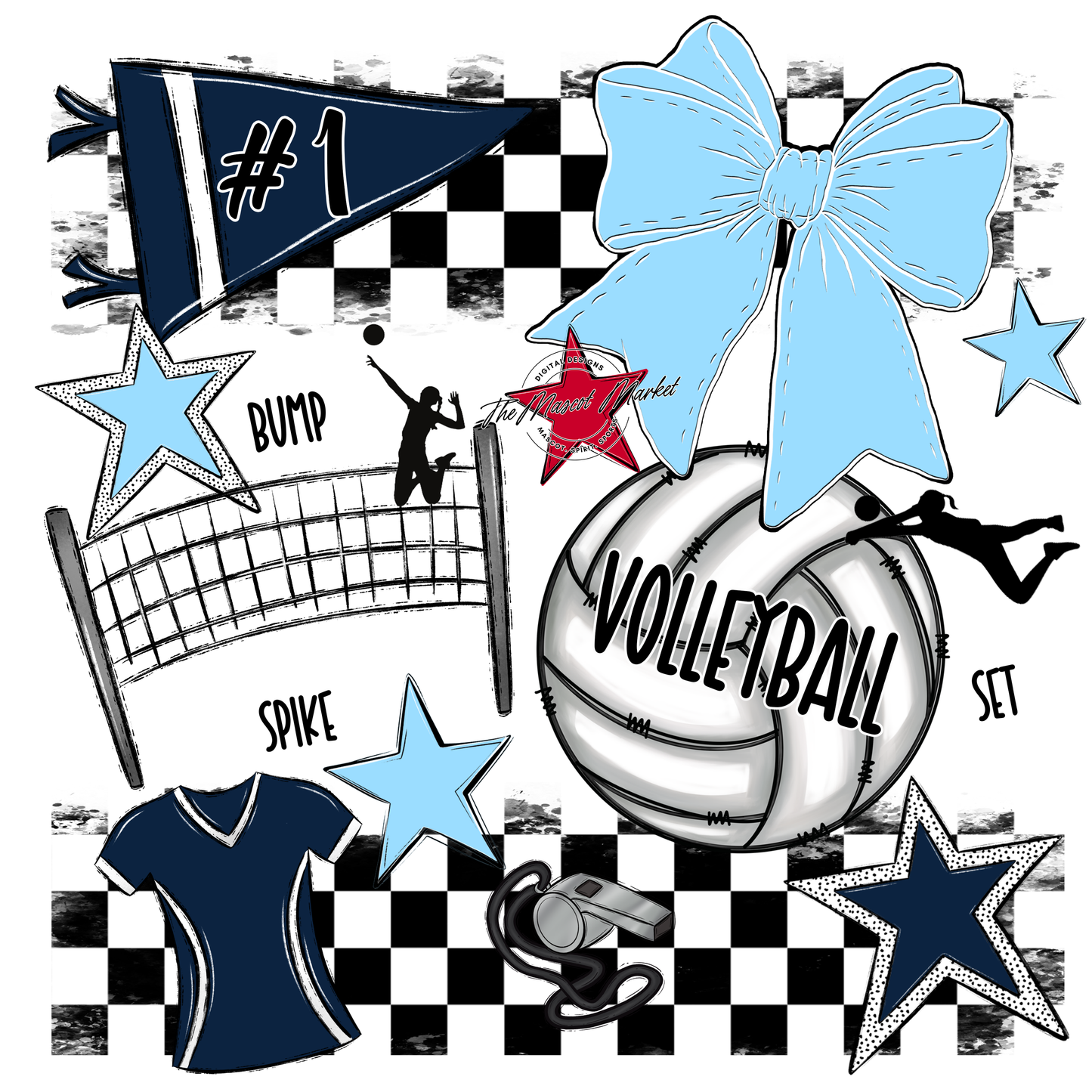 Volleyball Checkers Spirit Design-Navy-Columbia Blue