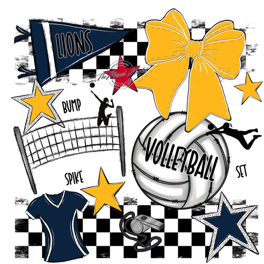 Lions Checkers Volleyball Spirit Design-Navy-Yellow