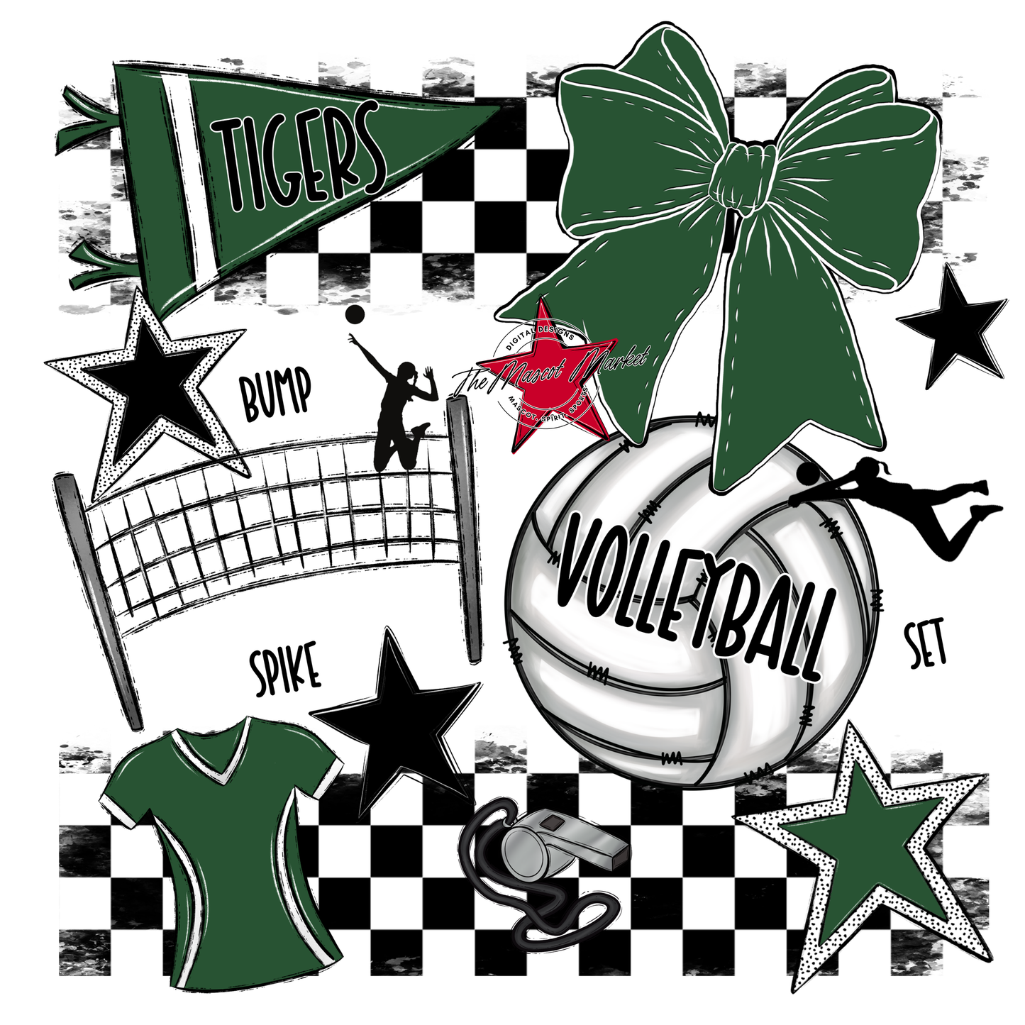 Tigers Checkers Volleyball Spirit Design-Green