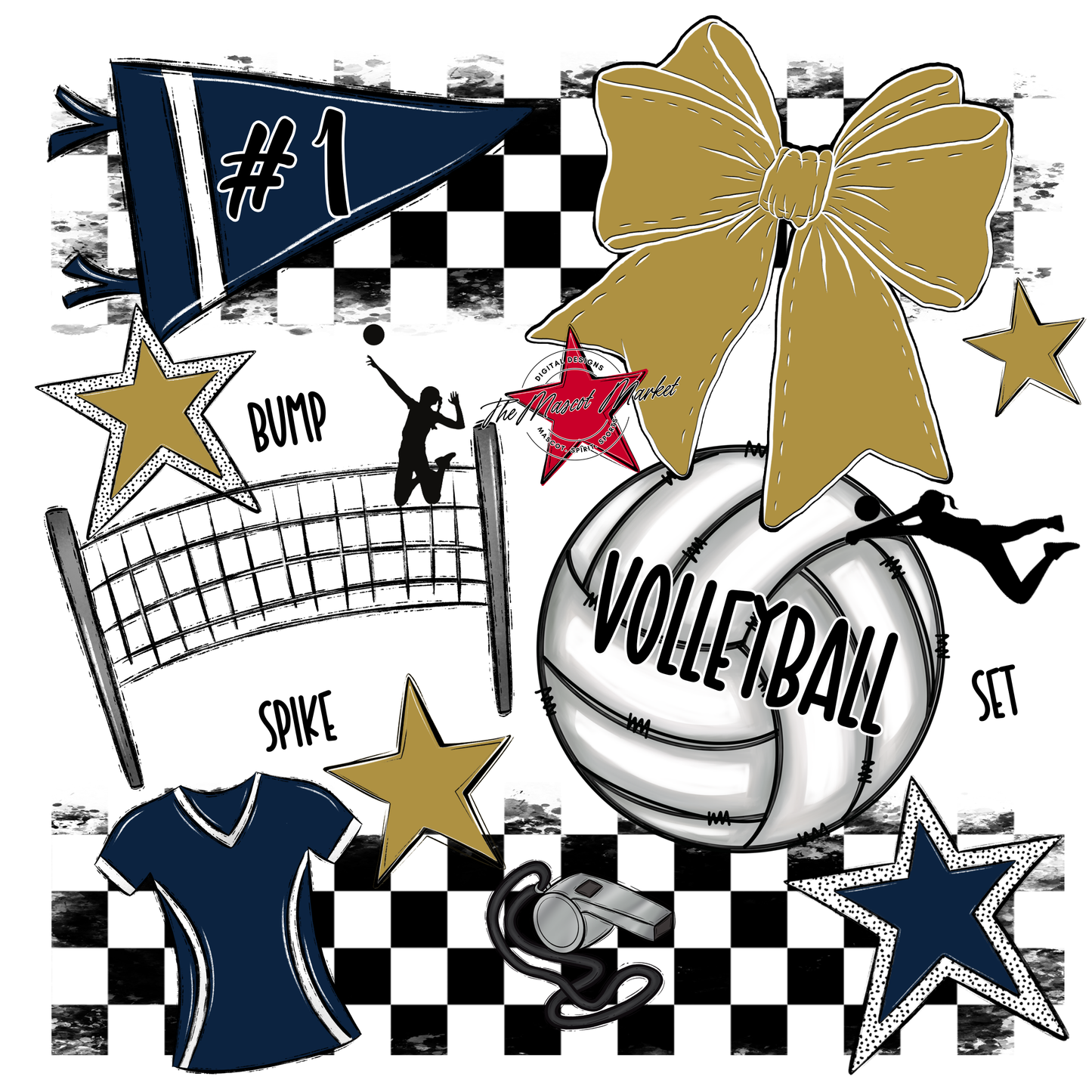 Volleyball Checkers Spirit Design-Navy-Gold