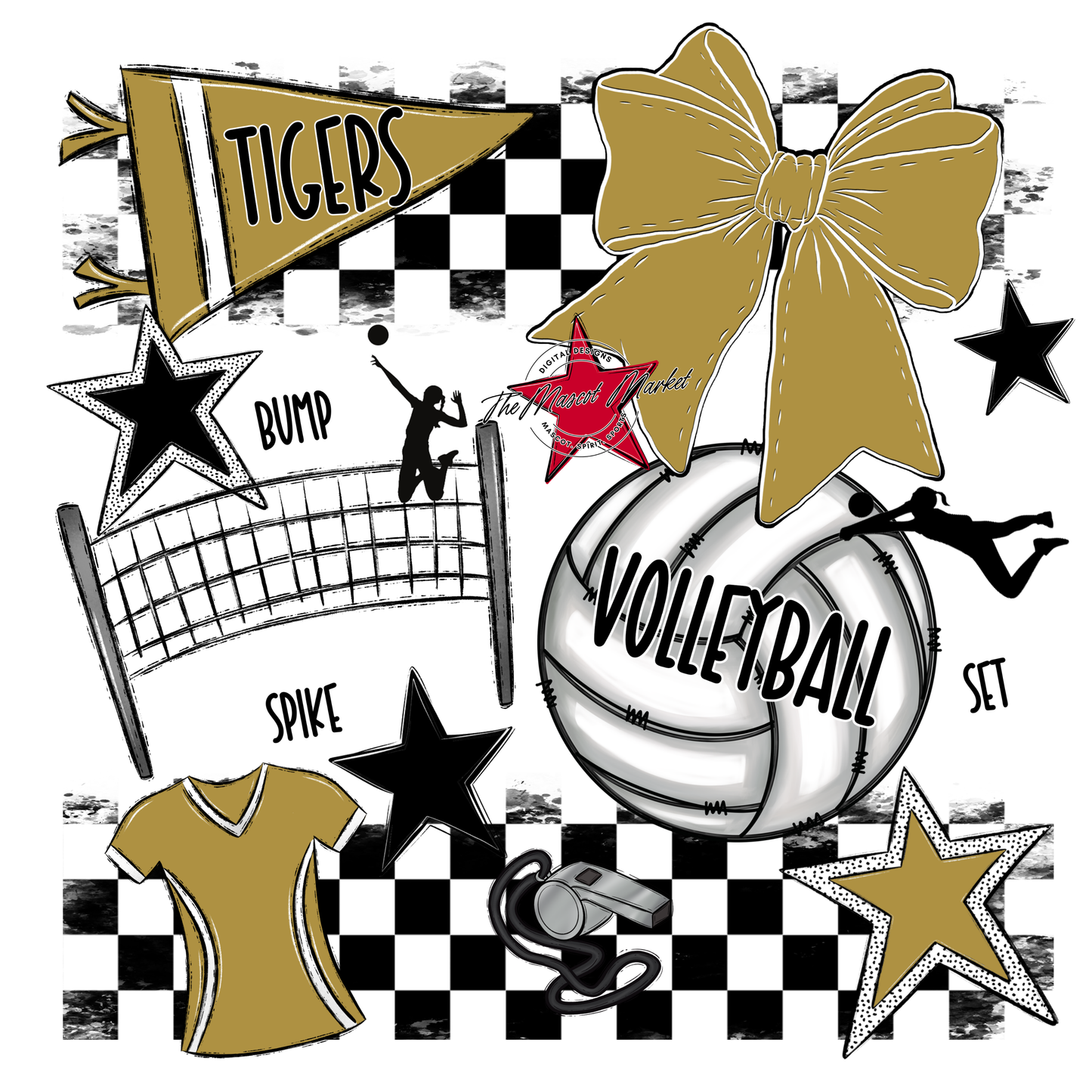 Tigers Checkers Volleyball Spirit Design-Gold