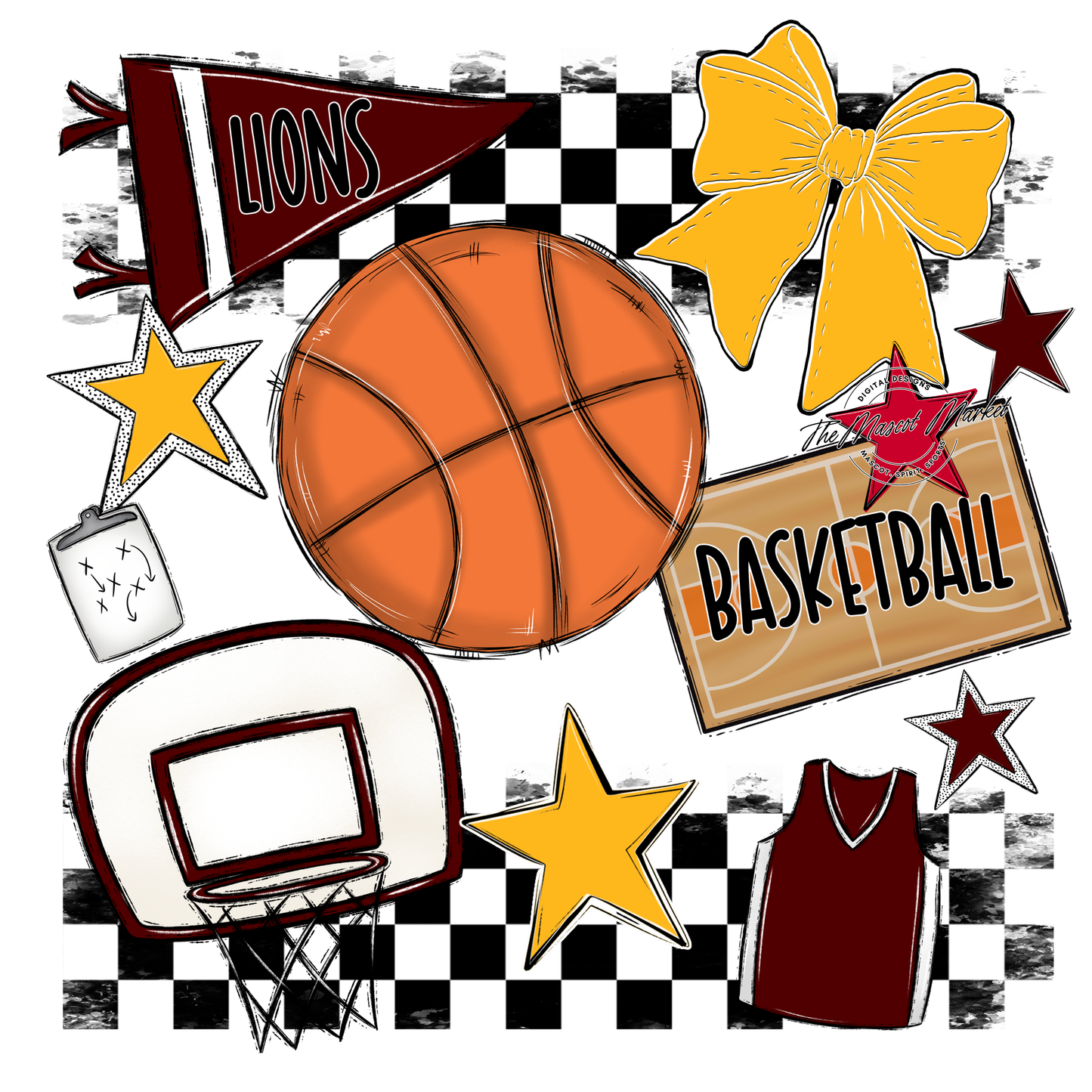 Lions Checkers Basketball Spirit Design-Maroon-Yellow