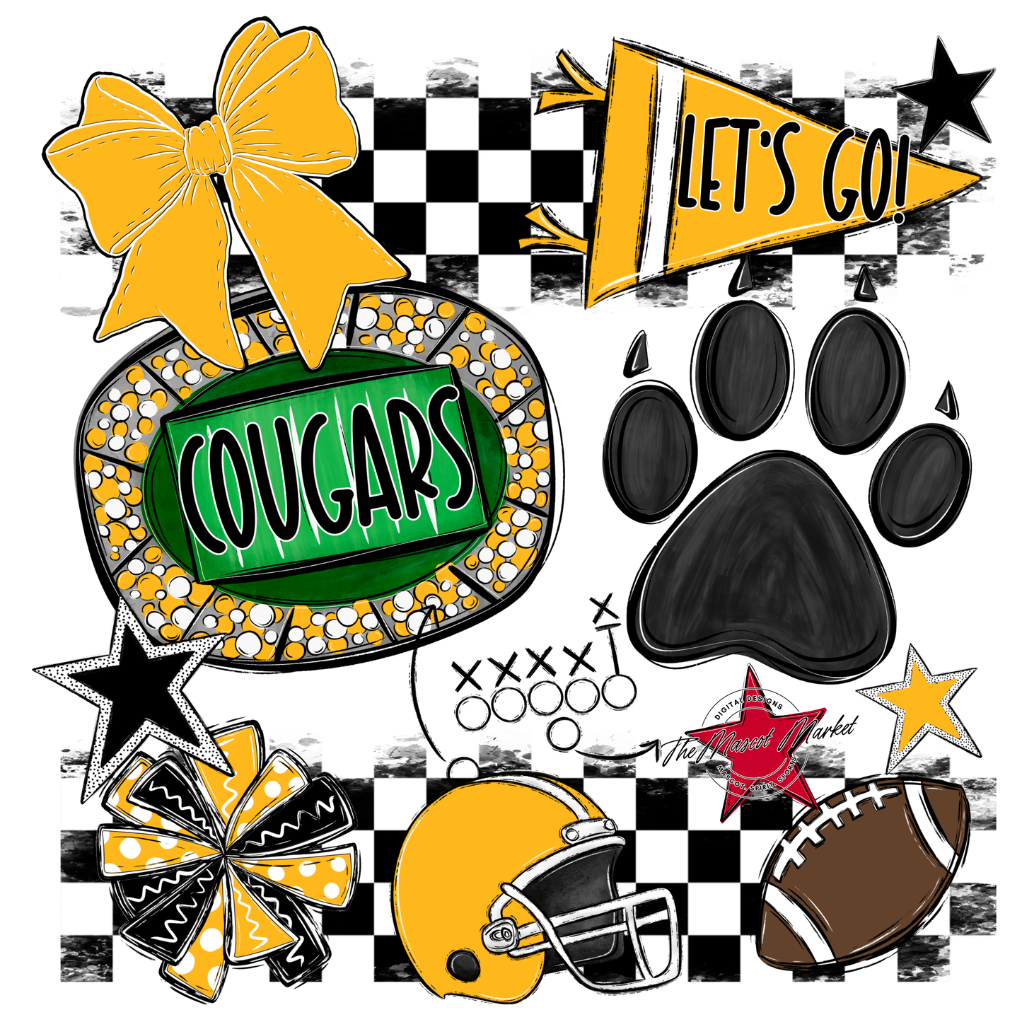 Cougars Checkers Mascot Spirit Design w Paw-Yellow