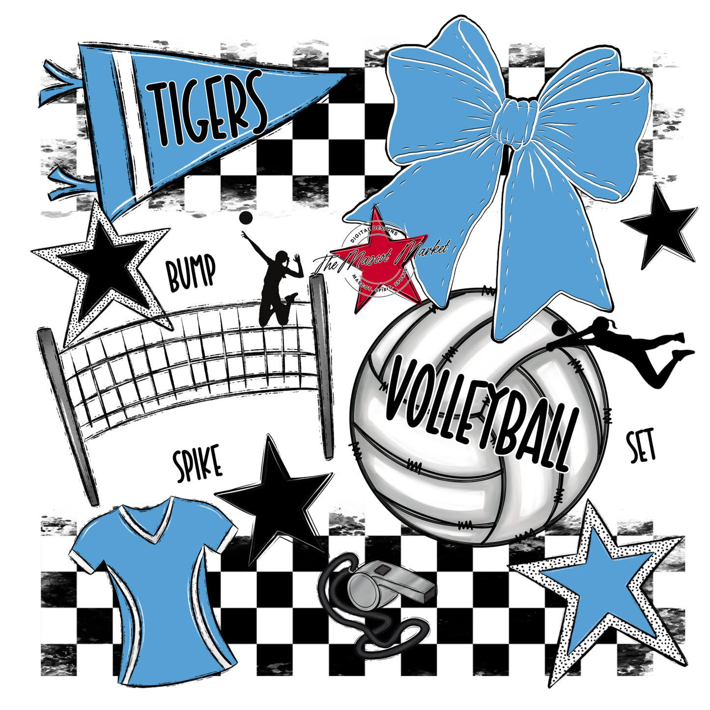 Tigers Checkers Volleyball Spirit Design-Carolina Blue