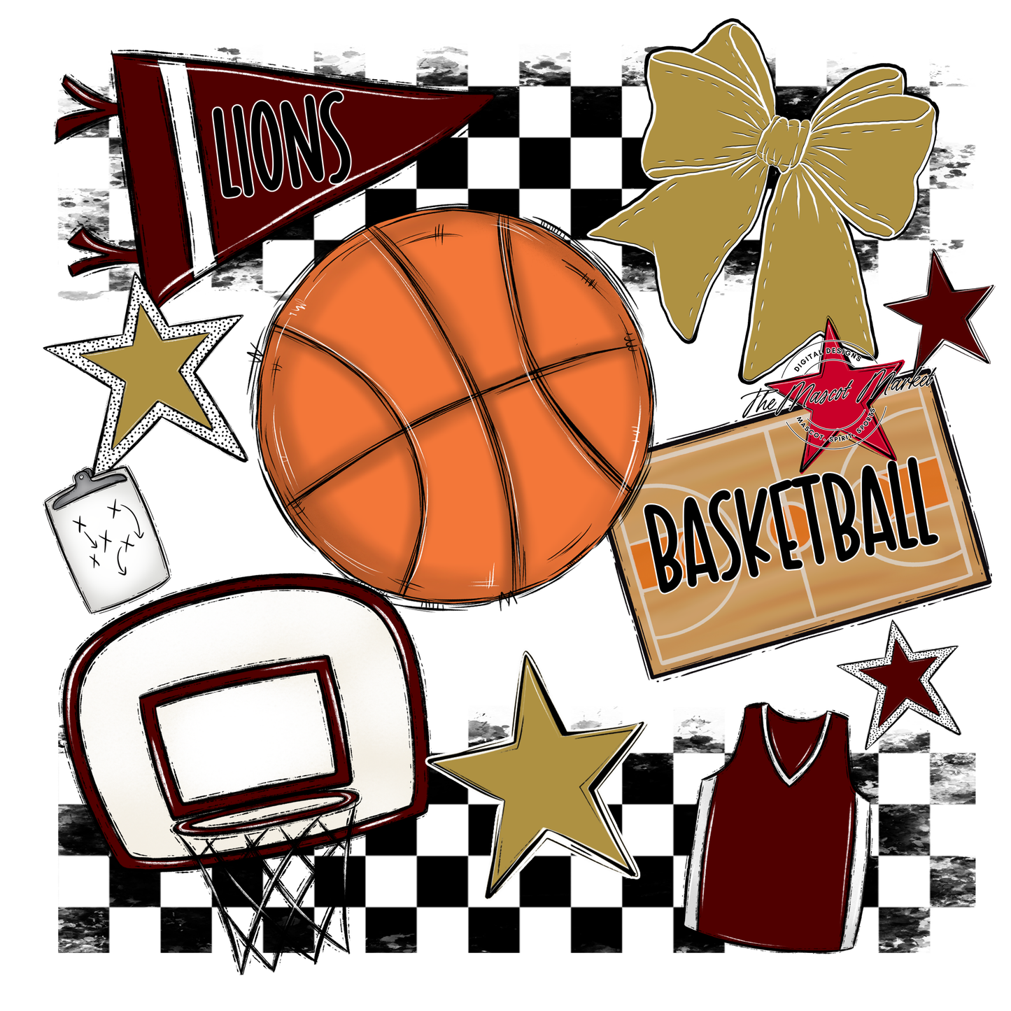 Lions Checkers Basketball Spirit Design-Maroon-Gold
