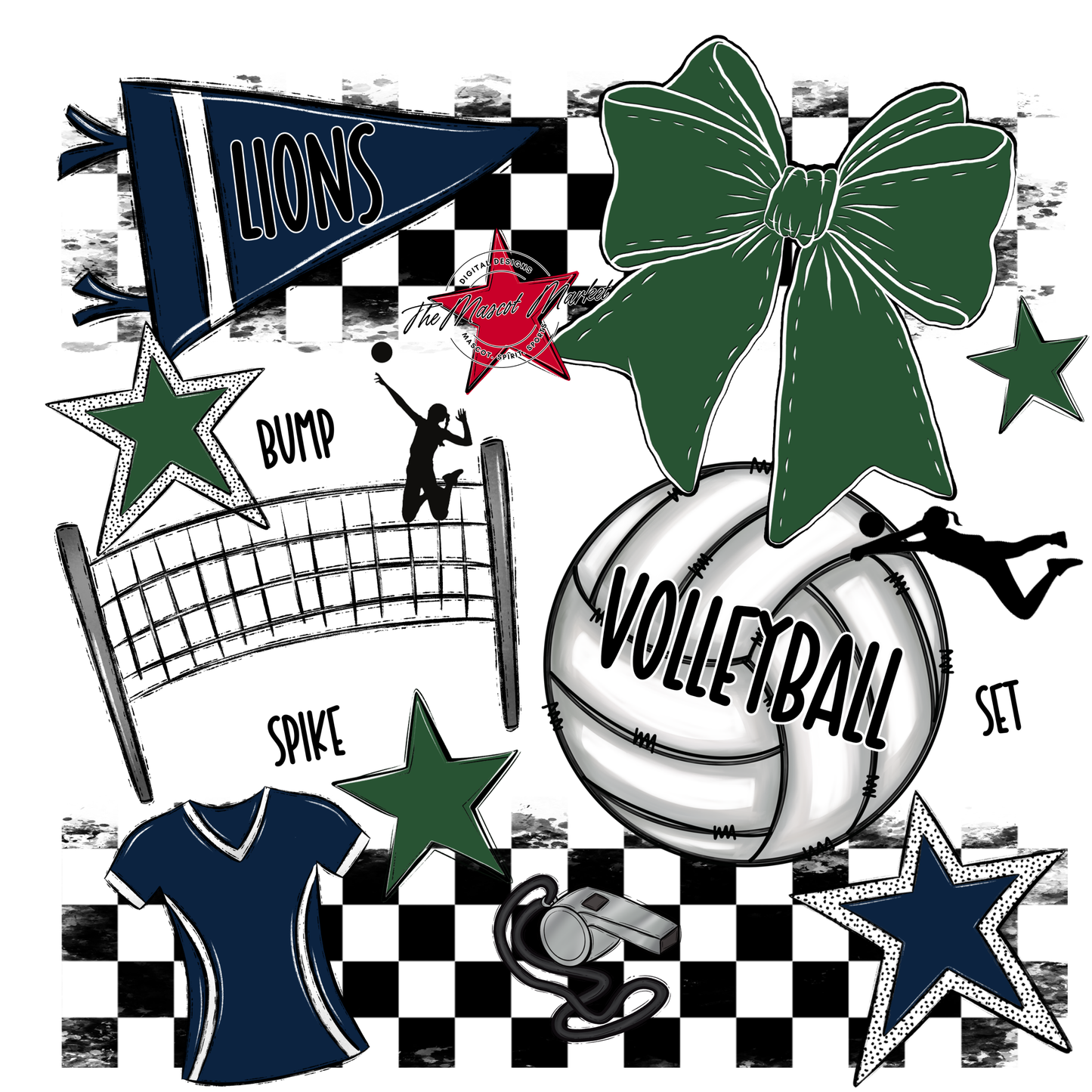 Lions Checkers Volleyball Spirit Design-Navy-Green