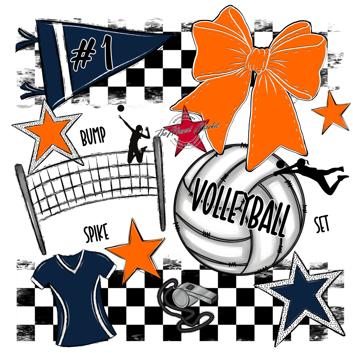Volleyball Checkers Spirit Design-Navy-Orange