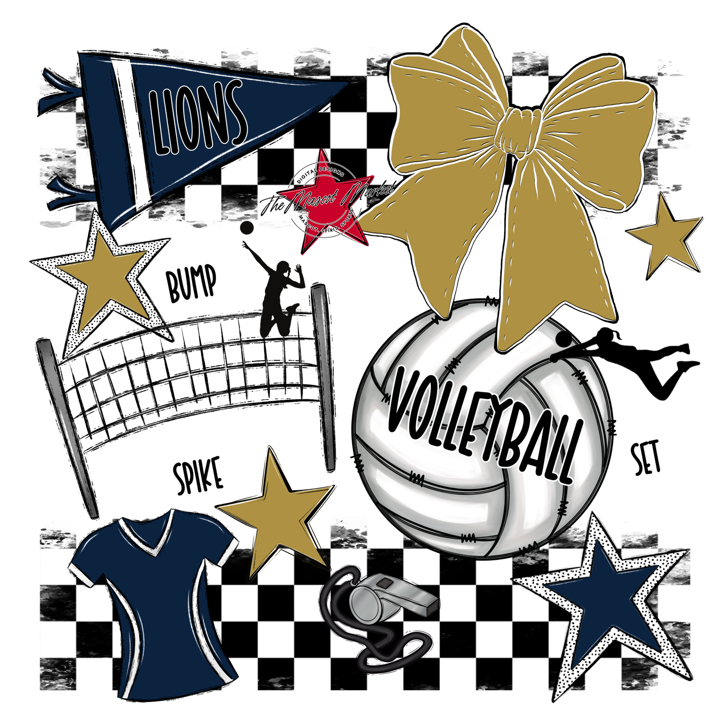 Lions Checkers Volleyball Spirit Design-Navy-Gold
