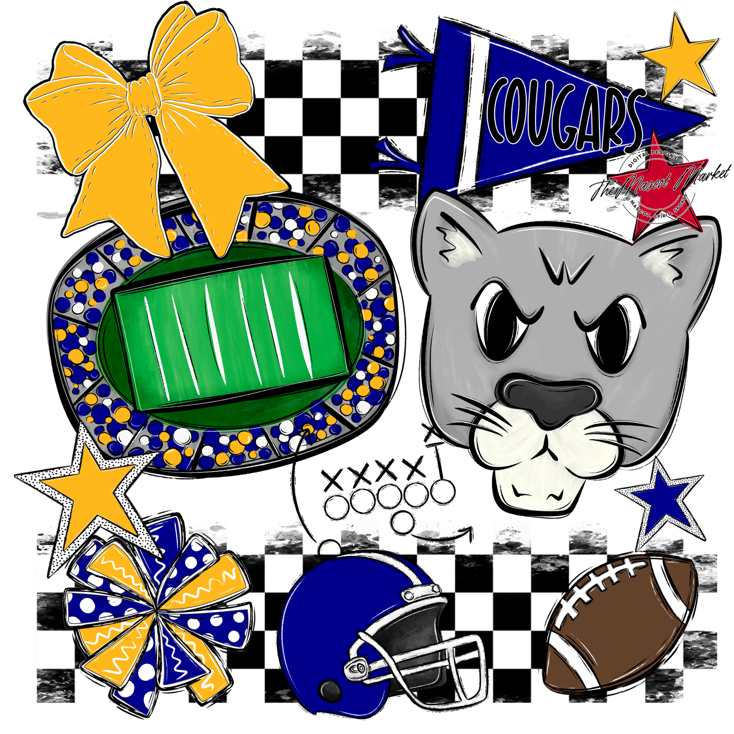Cougars Checkers Mascot Spirit Design-Blue-Yellow