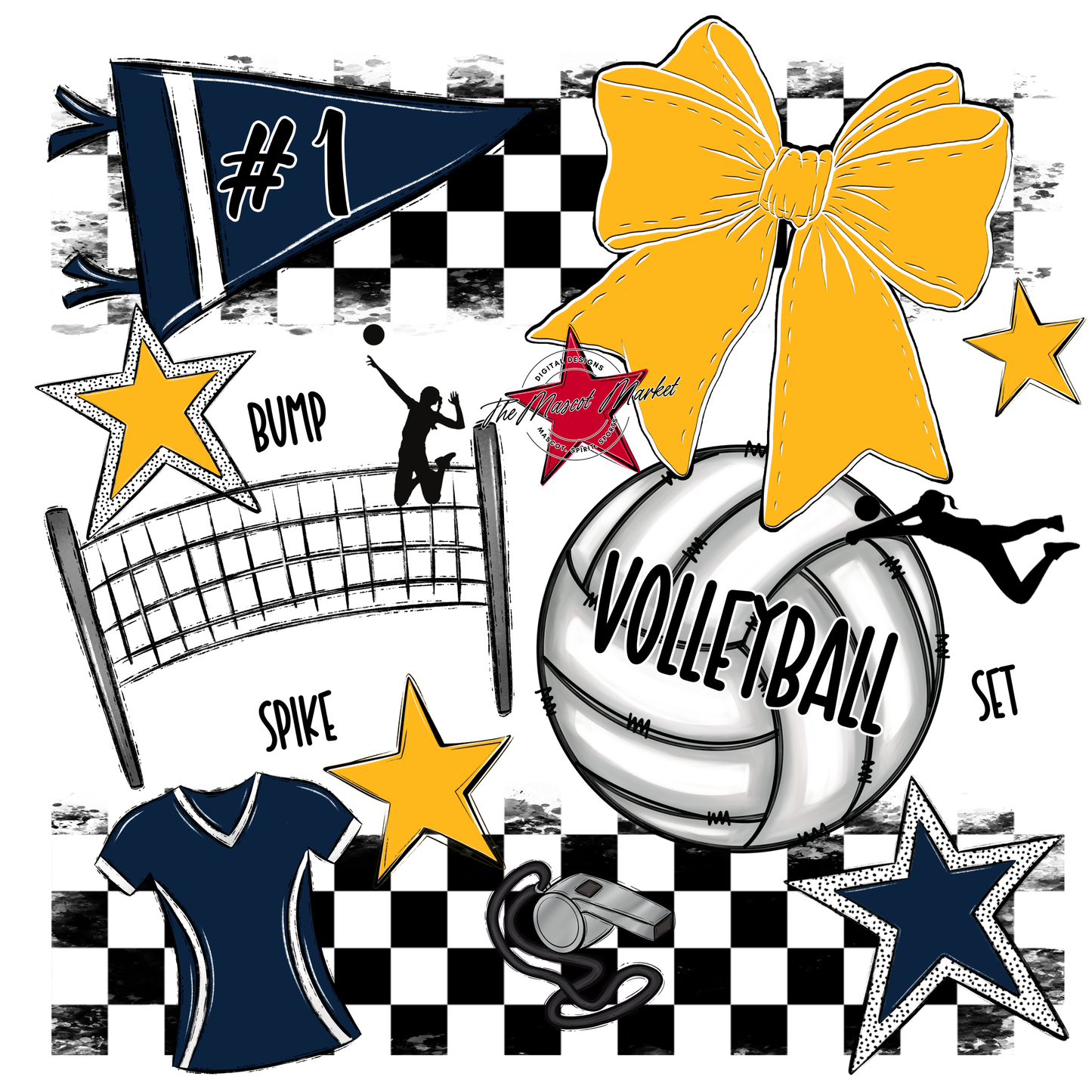 Volleyball Checkers Spirit Design-Navy-Yellow