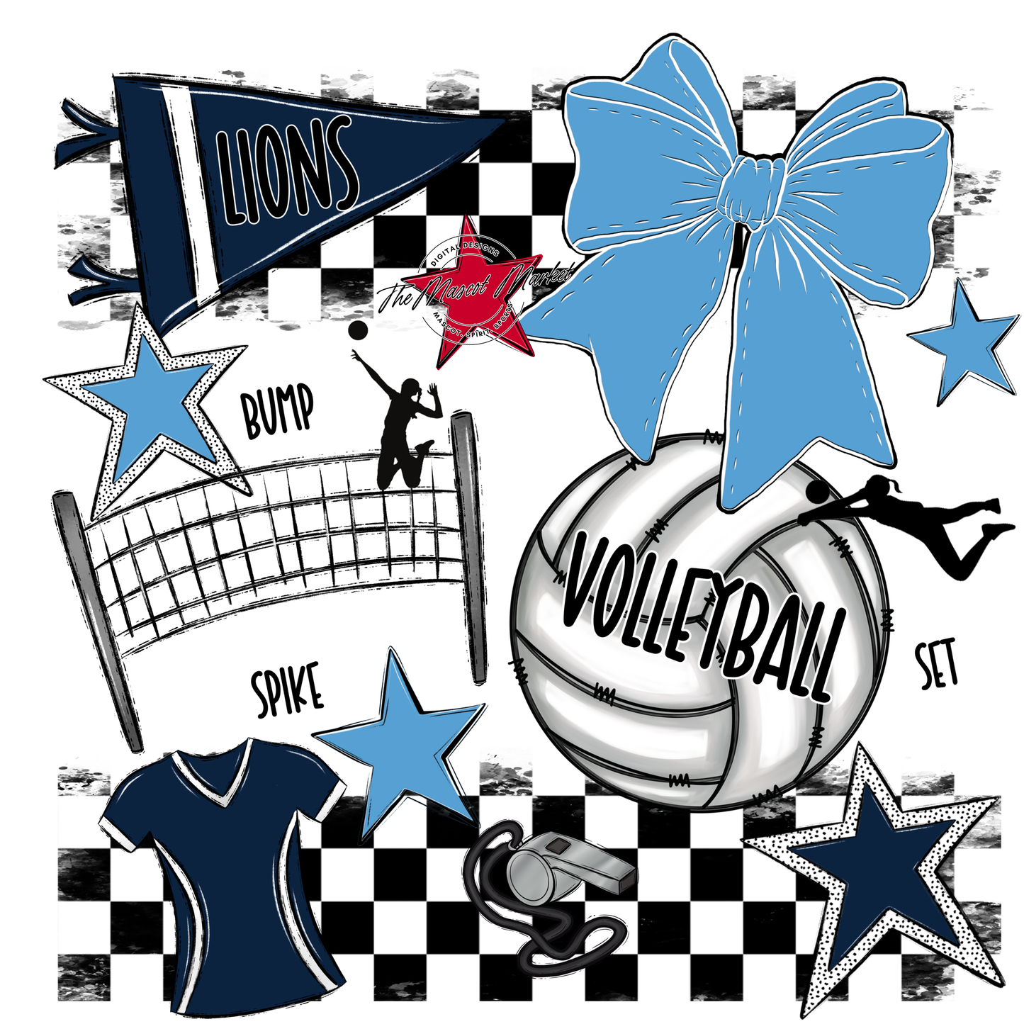 Lions Checkers Volleyball Spirit Design-Navy-Carolina Blue