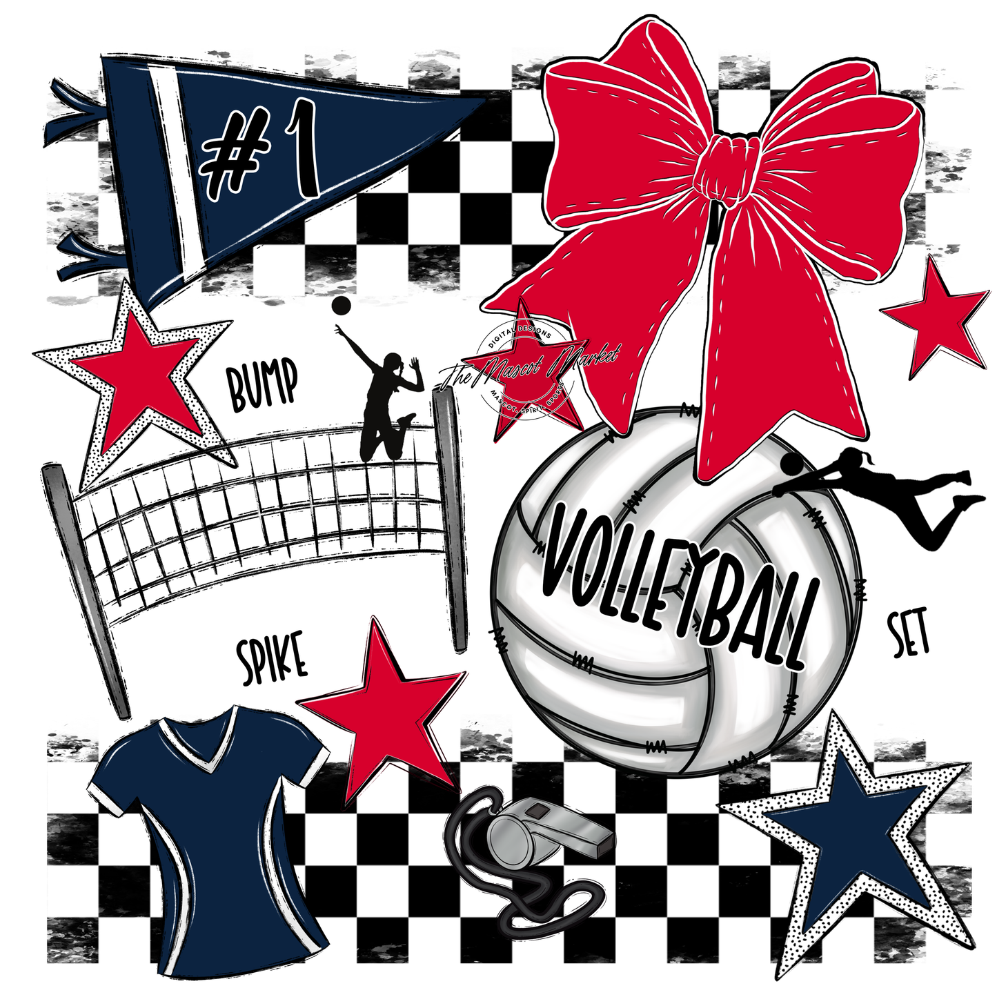 Volleyball Checkers Spirit Design-Navy-Red