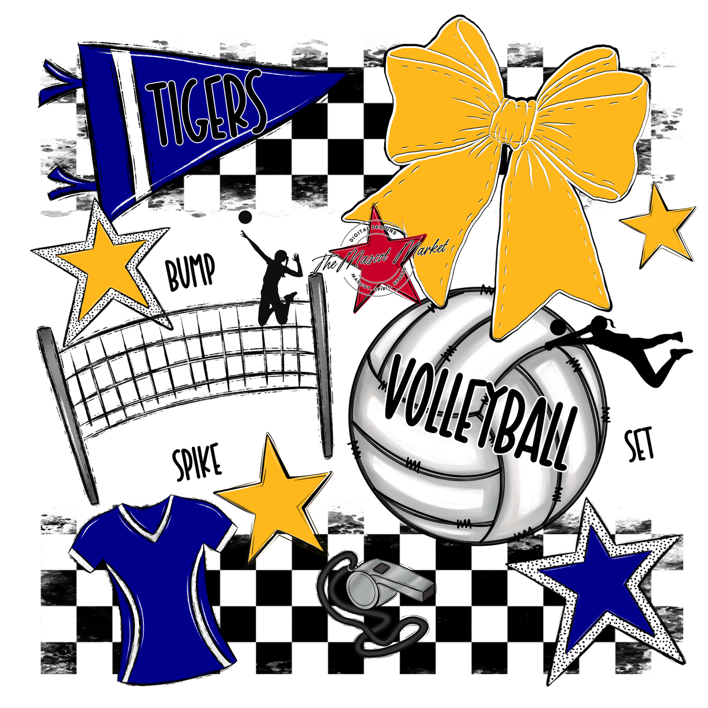 Tigers Checkers Volleyball Spirit Design-Blue-Yellow