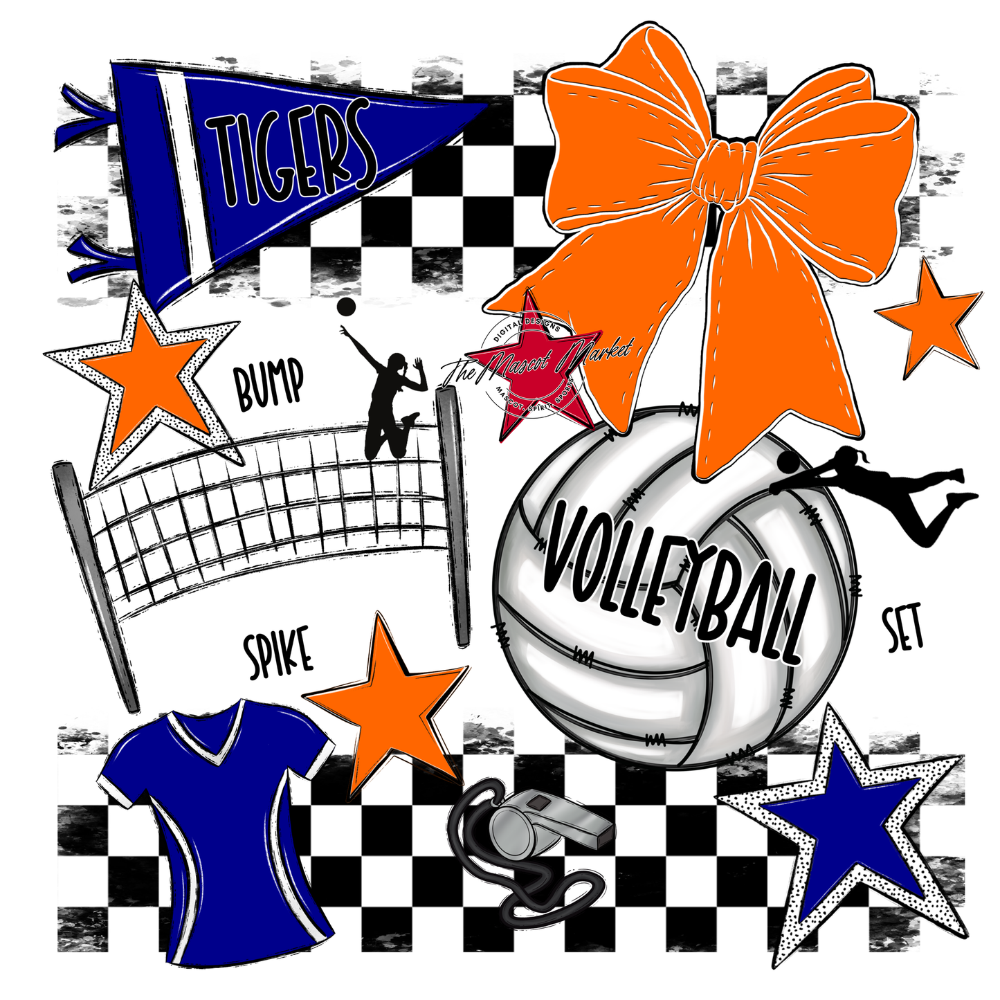Tigers Checkers Volleyball Spirit Design-Blue-Orange