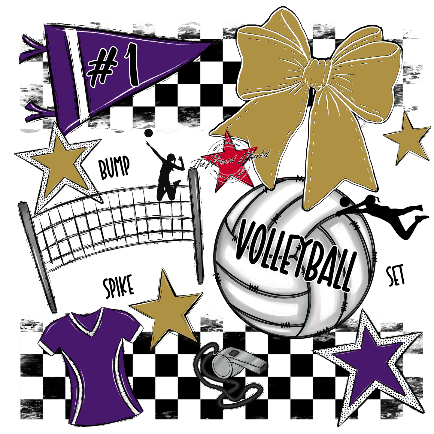 Volleyball Checkers Spirit Design-Purple-Gold