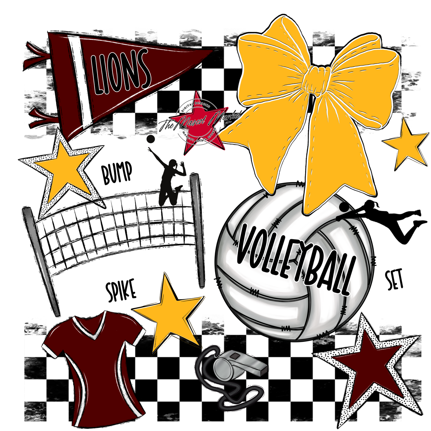 Lions Checkers Volleyball Spirit Design-Maroon-Yellow