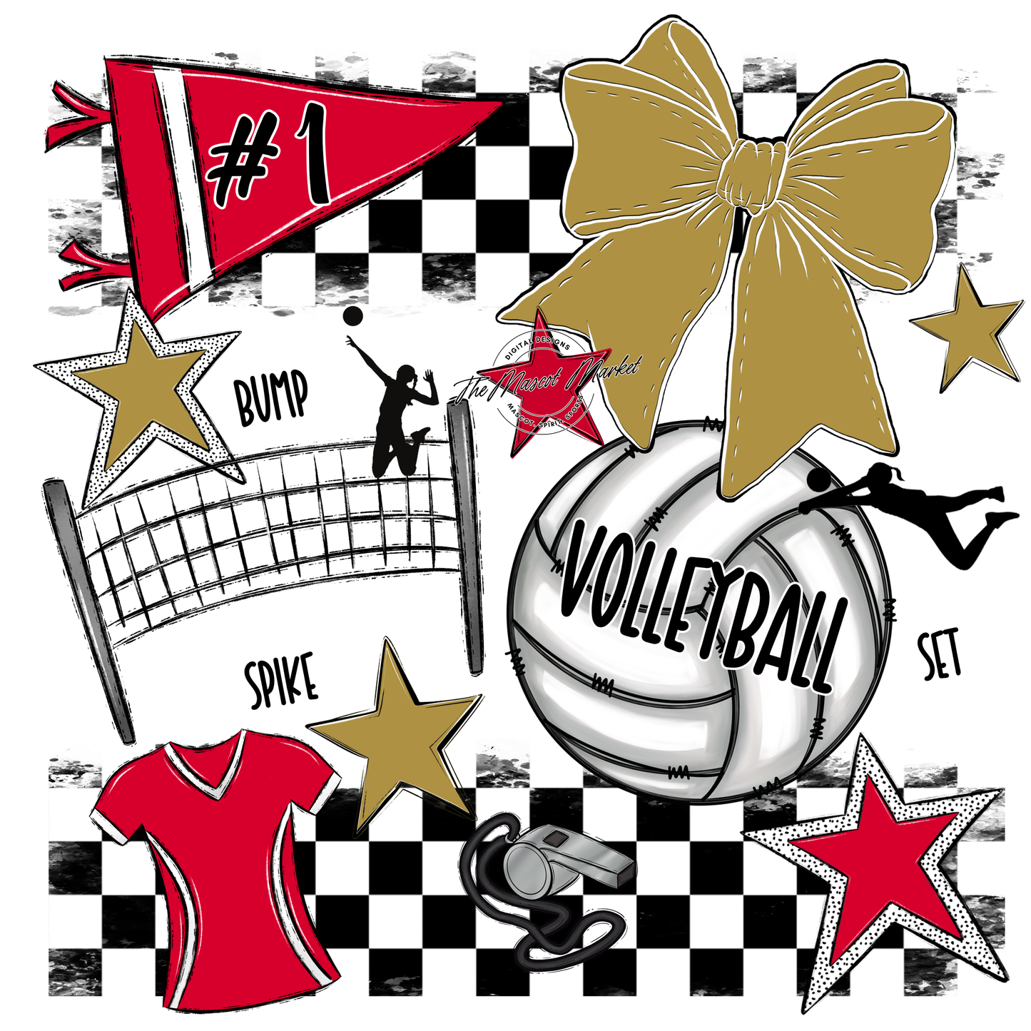 Volleyball Checkers Spirit Design-Red-Gold