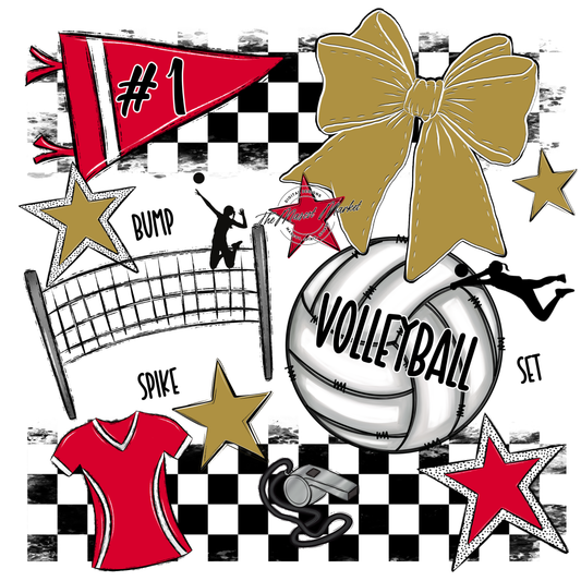 Volleyball Checkers Spirit Design-Red-Gold