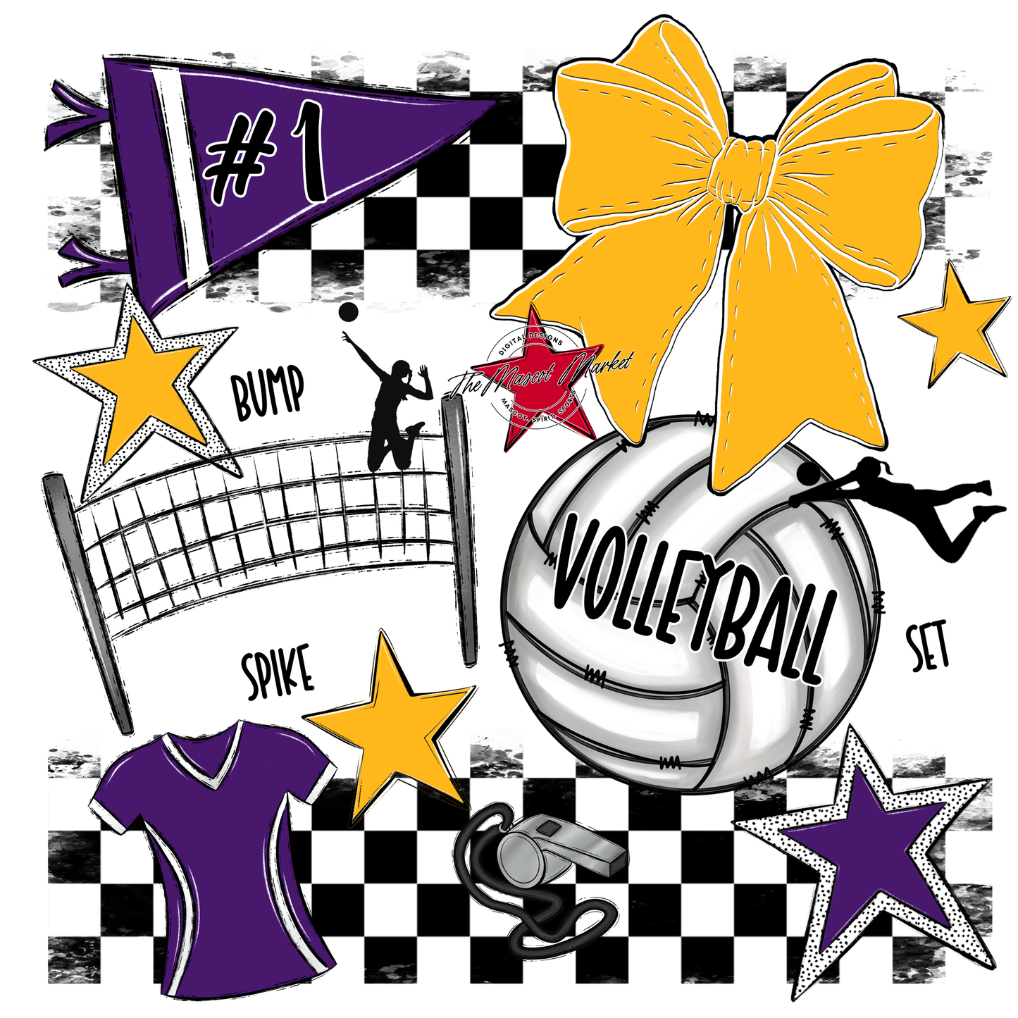 Volleyball Checkers Spirit Design-Purple-Yellow