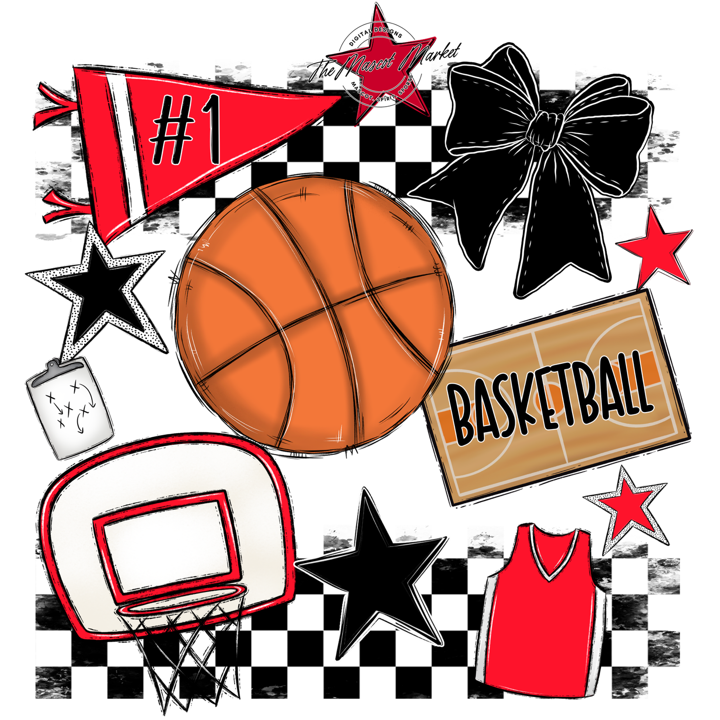 Basketball Checkers Spirit Design-Bright Red