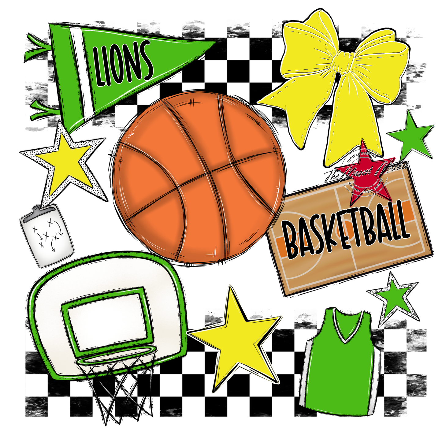 Lions Checkers Basketball Spirit Design-Bright Green-Bright Yellow