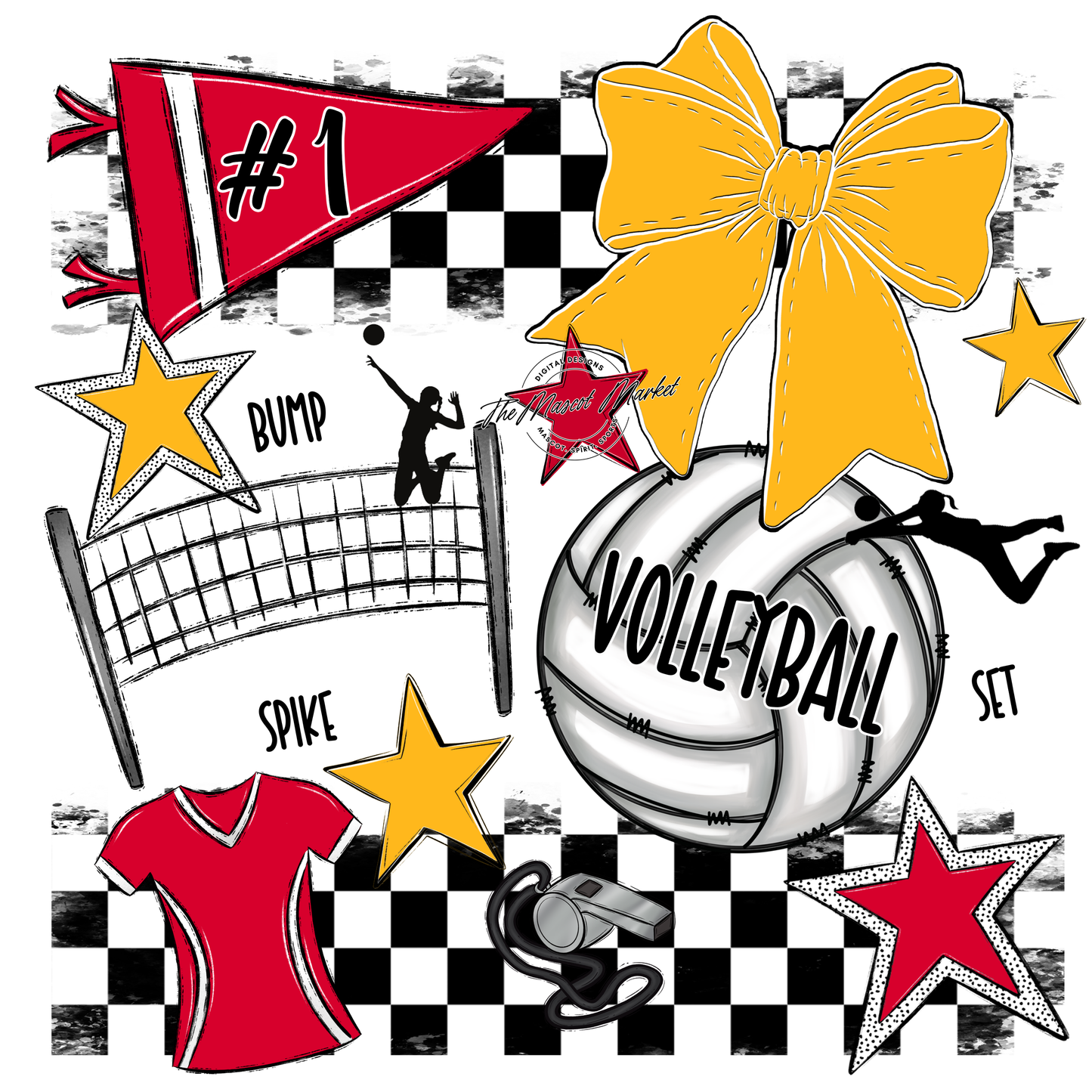 Volleyball Checkers Spirit Design-Red-Yellow