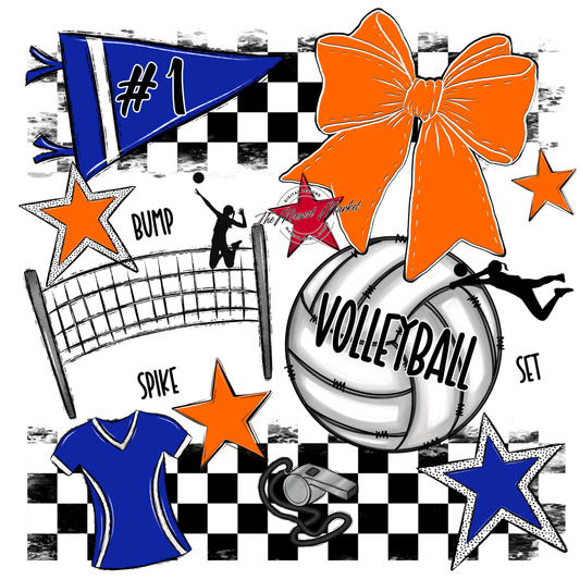 Volleyball Checkers Spirit Design-Royal Blue-Orange