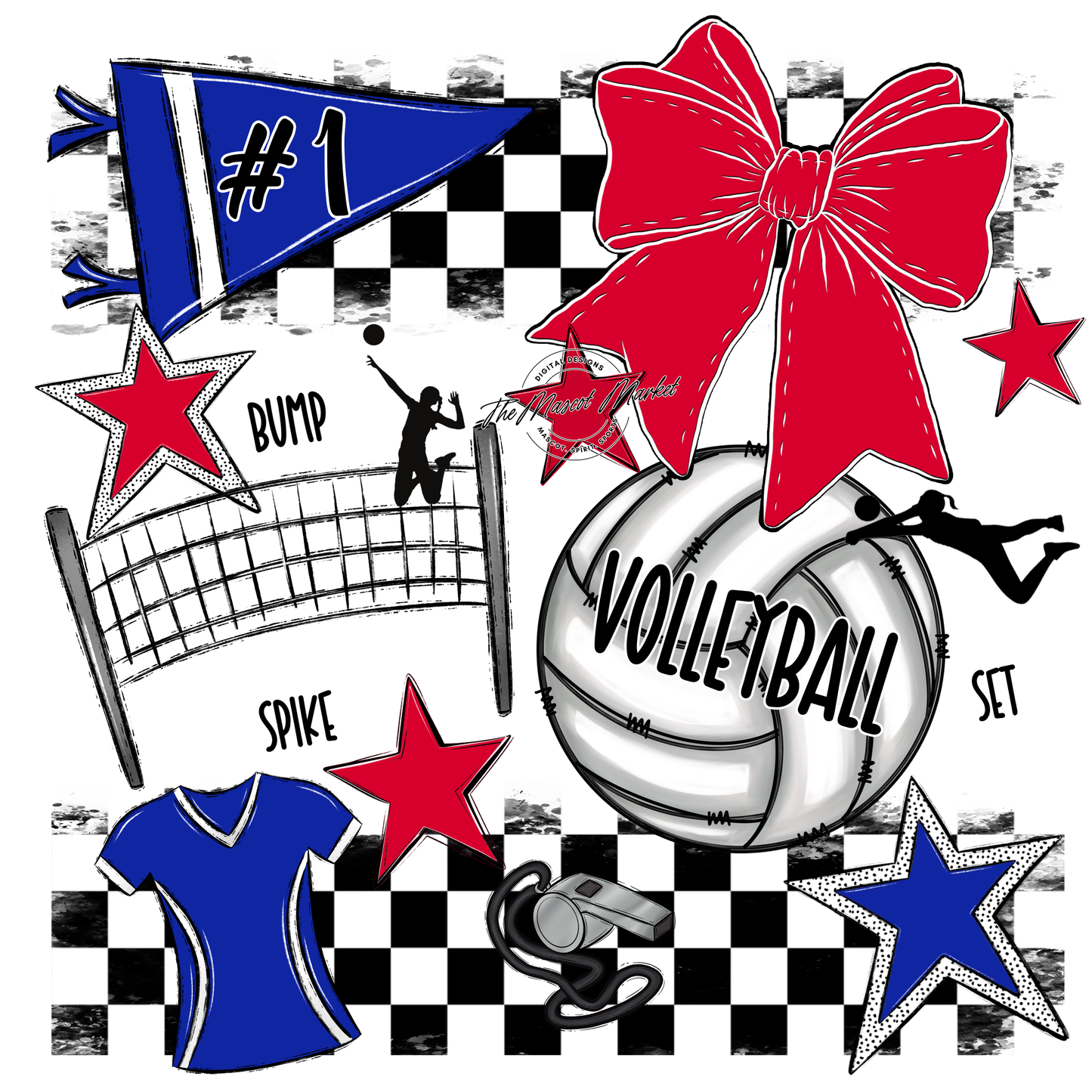 Volleyball Checkers Spirit Design-Royal Blue-Red