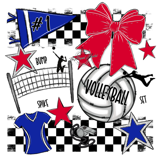 Volleyball Checkers Spirit Design-Royal Blue-Red